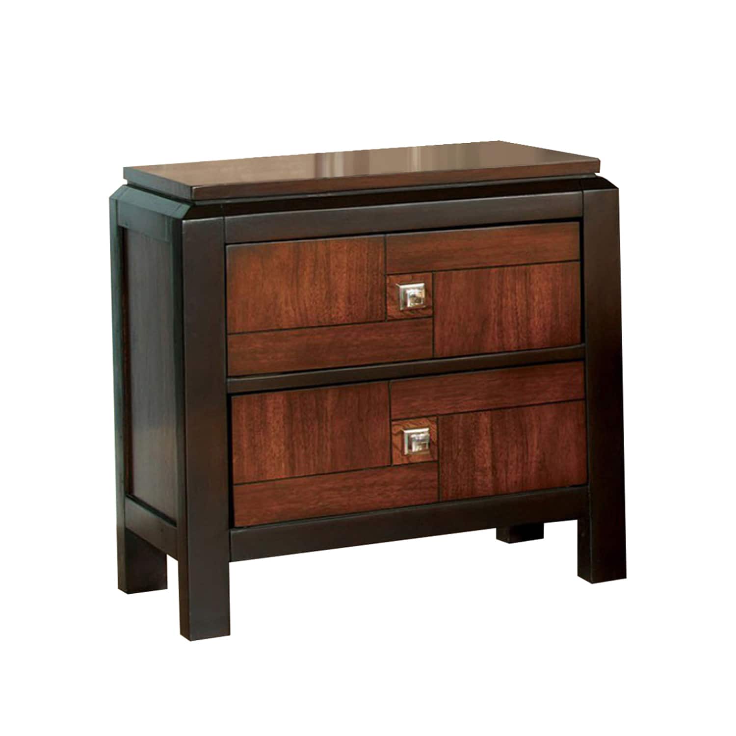 Manhattan Lane - 28 Inch Handcrafted Bedside Nightstand, 2 Drawers, Sleek Wood Pattern, Square Knobs - Brown