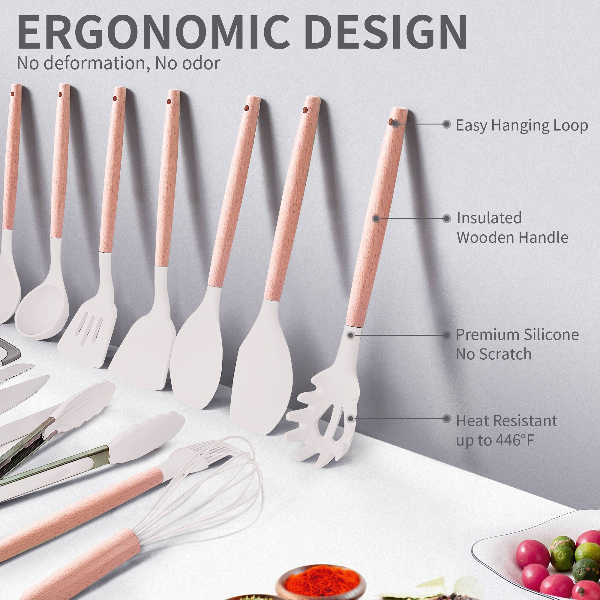 ERGONOMIC DESIGN  
No deformation, No odor  

- Easy Hanging Loop  
- Insulated Wooden Handle  
- Premium Silicone No Scratch  
- Heat Resistant up to 446°F