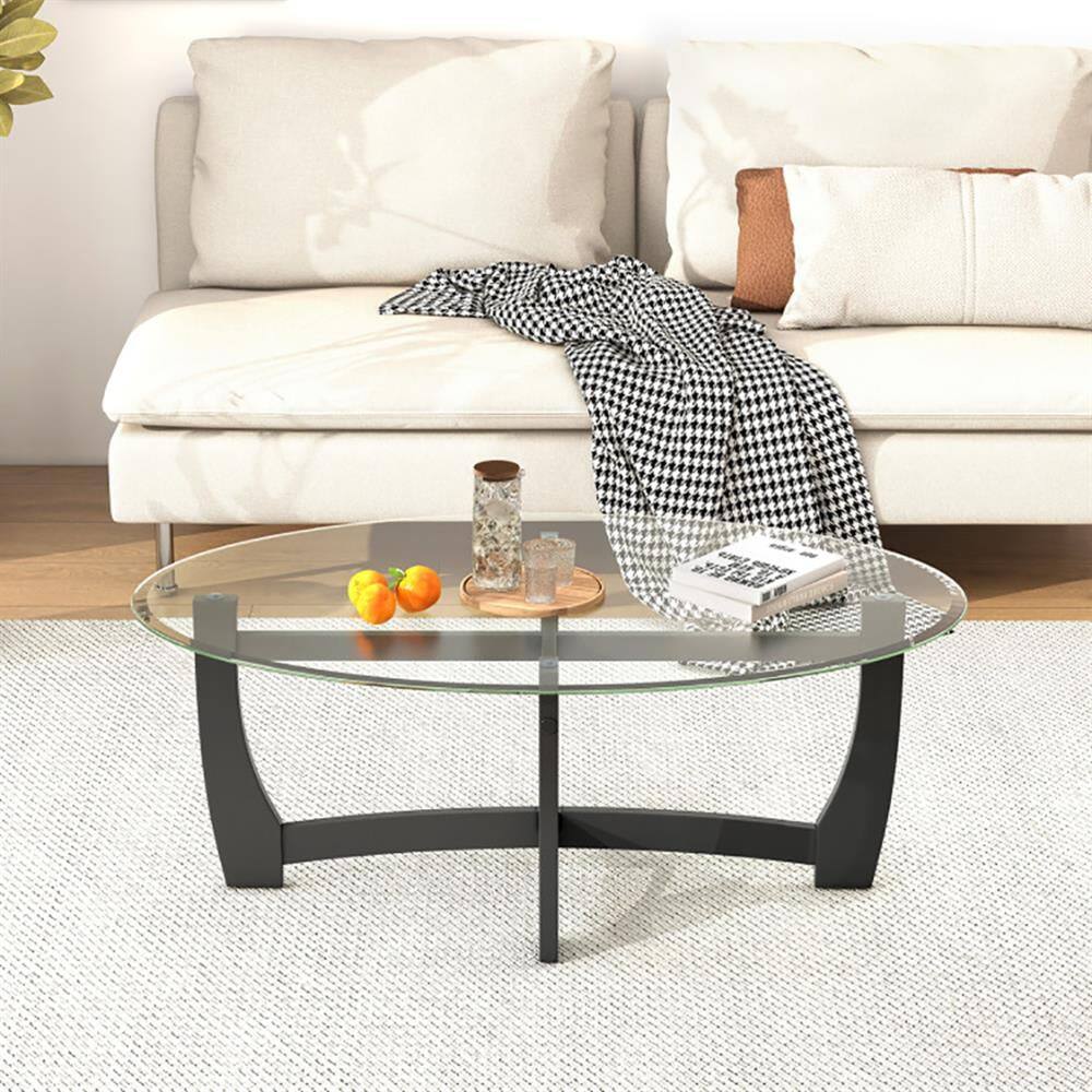 Left. Kadyn - Center Coffee Table, Living Room Table,Oval Coffee Table with Tempered Glass Tabletop and Rubber Wood Legs-Black - Black.