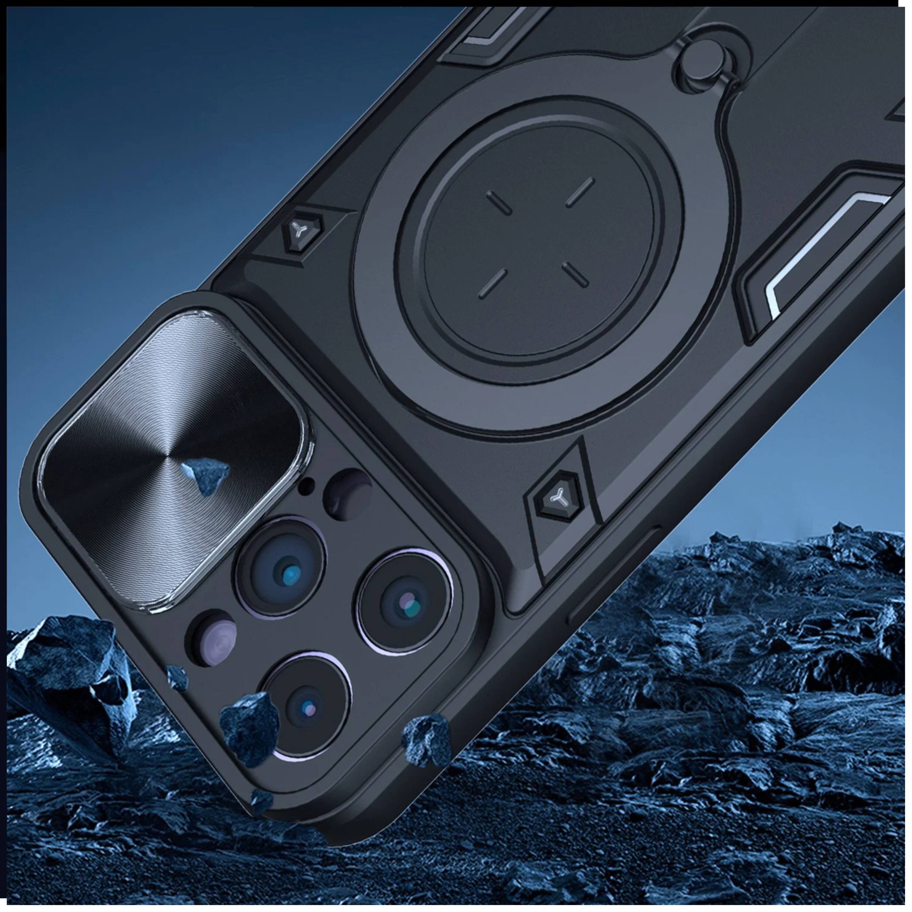 Back. Kitcheniva - Magnetic Circle Stand Case With Lens Protection And 2 Tempered Glass For iPhone 15 Black - Black.
