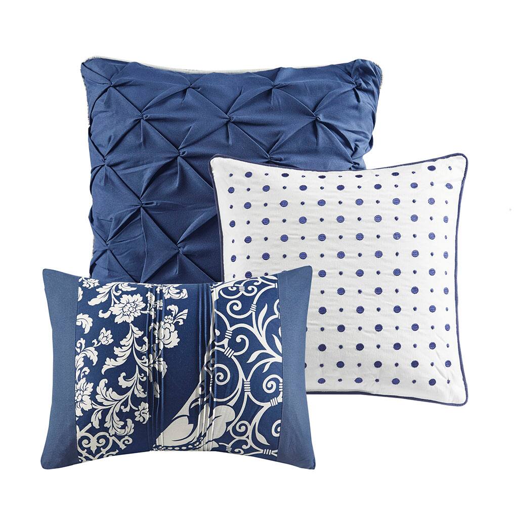 Alt View 2. Gracie Mills - Gracie Mills Muriel 6 Piece Damask Printed Cotton Quilt Set with Throw Pillows - Indigo.