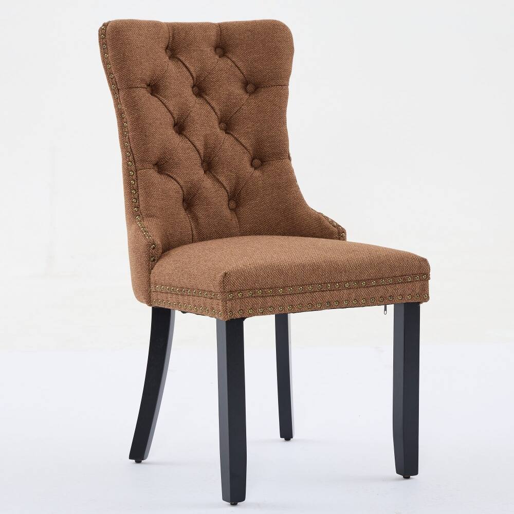 Left. Loheer - Loheer Tufted Linen Dining Chairs Set of 2 Coffee Solid Wood Upholstered Nailhead Trim Mid-Century Modern High Back - Coffee.