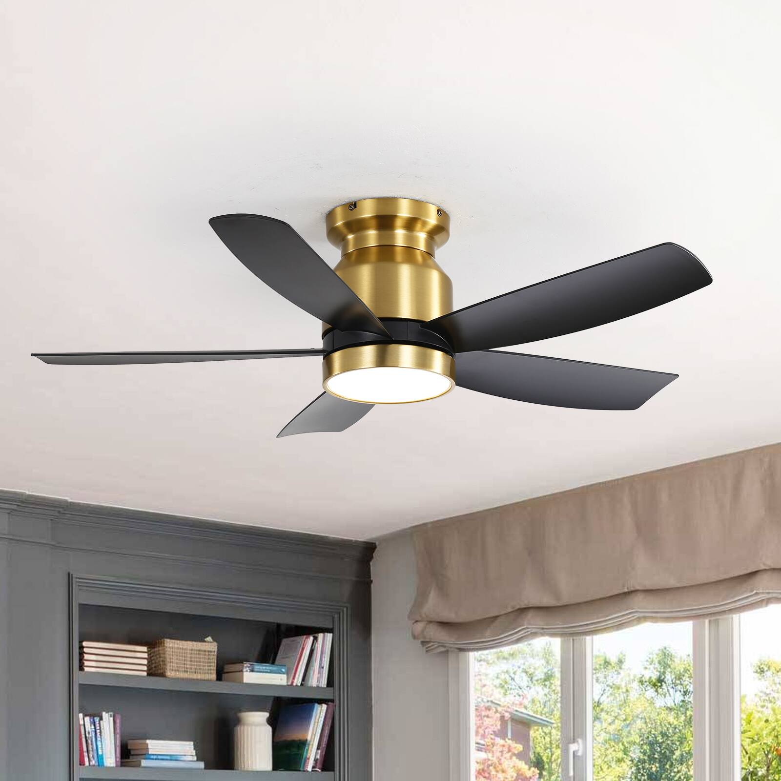 Alt View 3. Sofucor - 42'' Gold Low Profile Flush Mount Ceiling Fan with Light & Remote Reversible 3CCT Dimmable LED Quiet for Bedroom Kitchen - Gold-black.