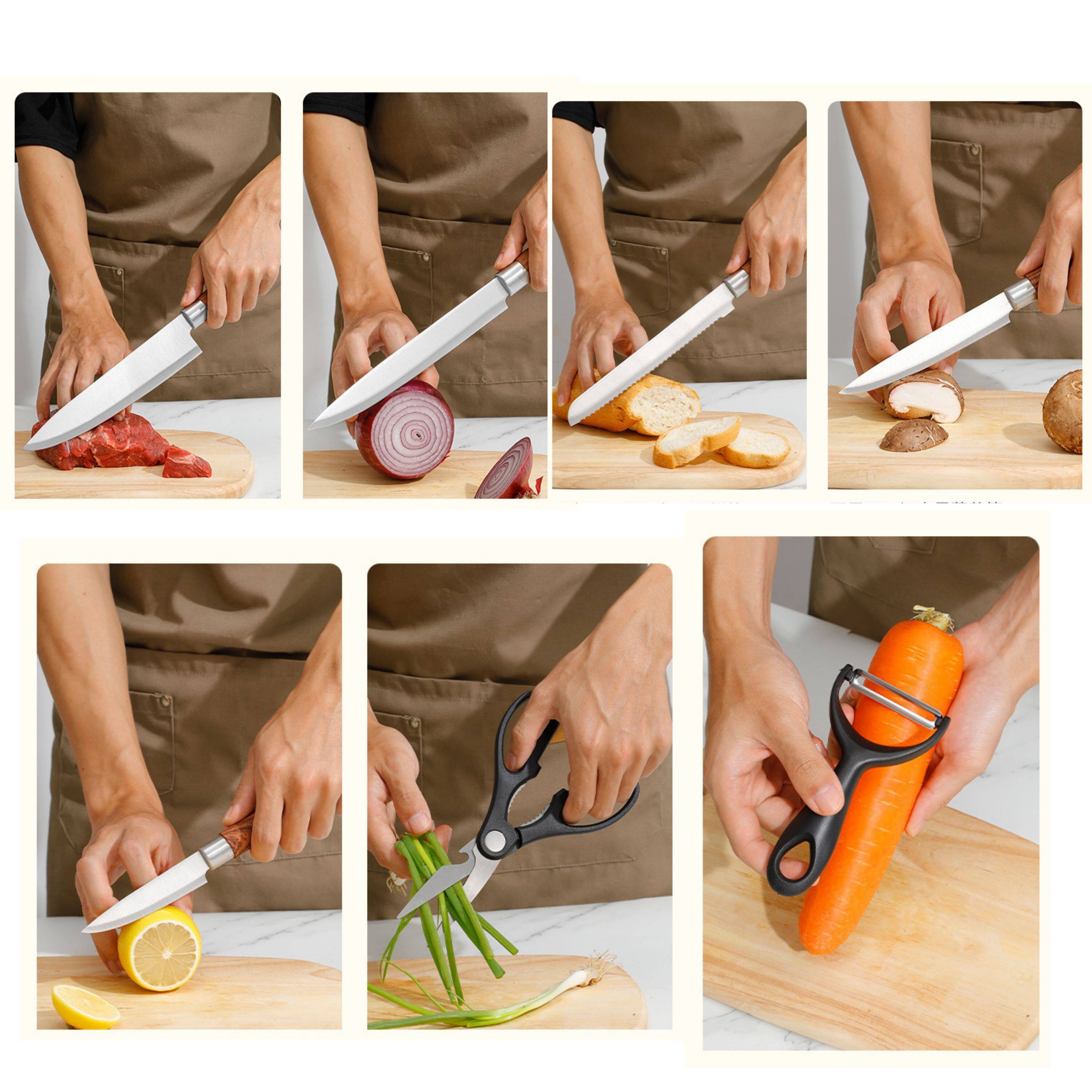 Left. Kitcheniva - 7-Piece Stainless Steel Knife Set with Wooden Handles.