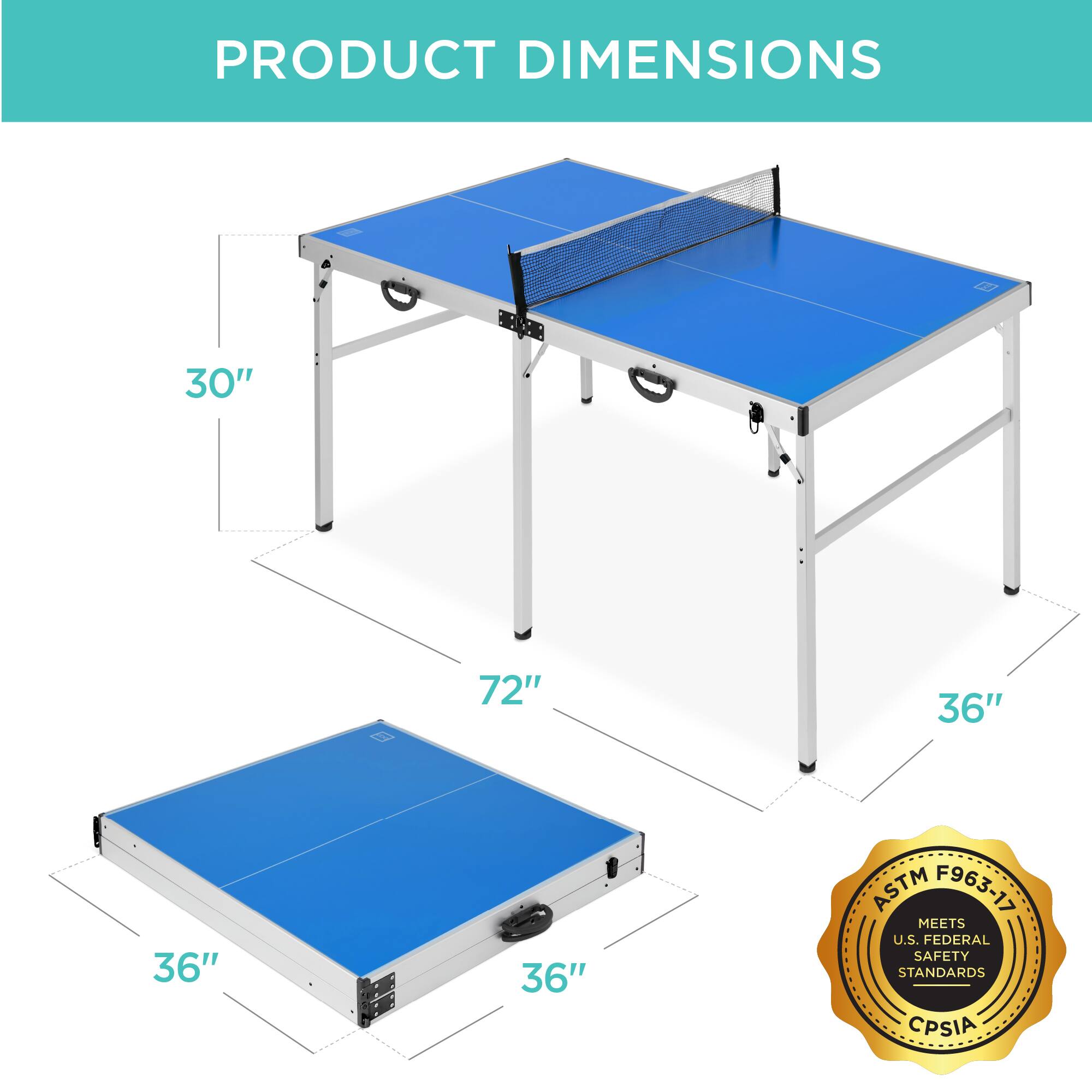 The product dimensions are 30" x 72" x 36". It meets U.S. federal safety standards (ASTM F963-17) and CPSIA.