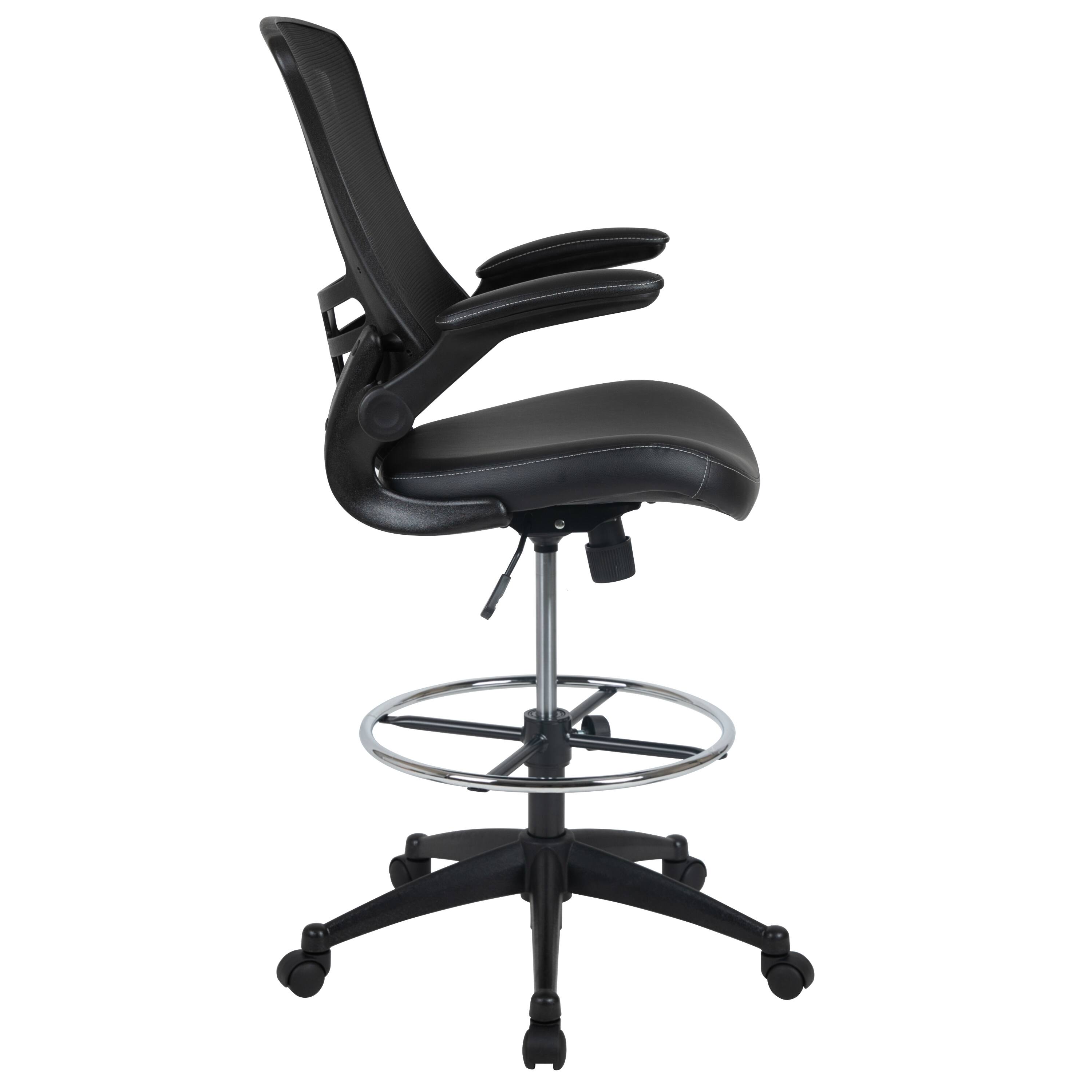Alt View 6. Emma + Oliver - Mid-Back Mesh Ergonomic Drafting Chair with Foot Ring and Flip-Up Arms - Black Mesh & LeatherSoft/Black Frame.