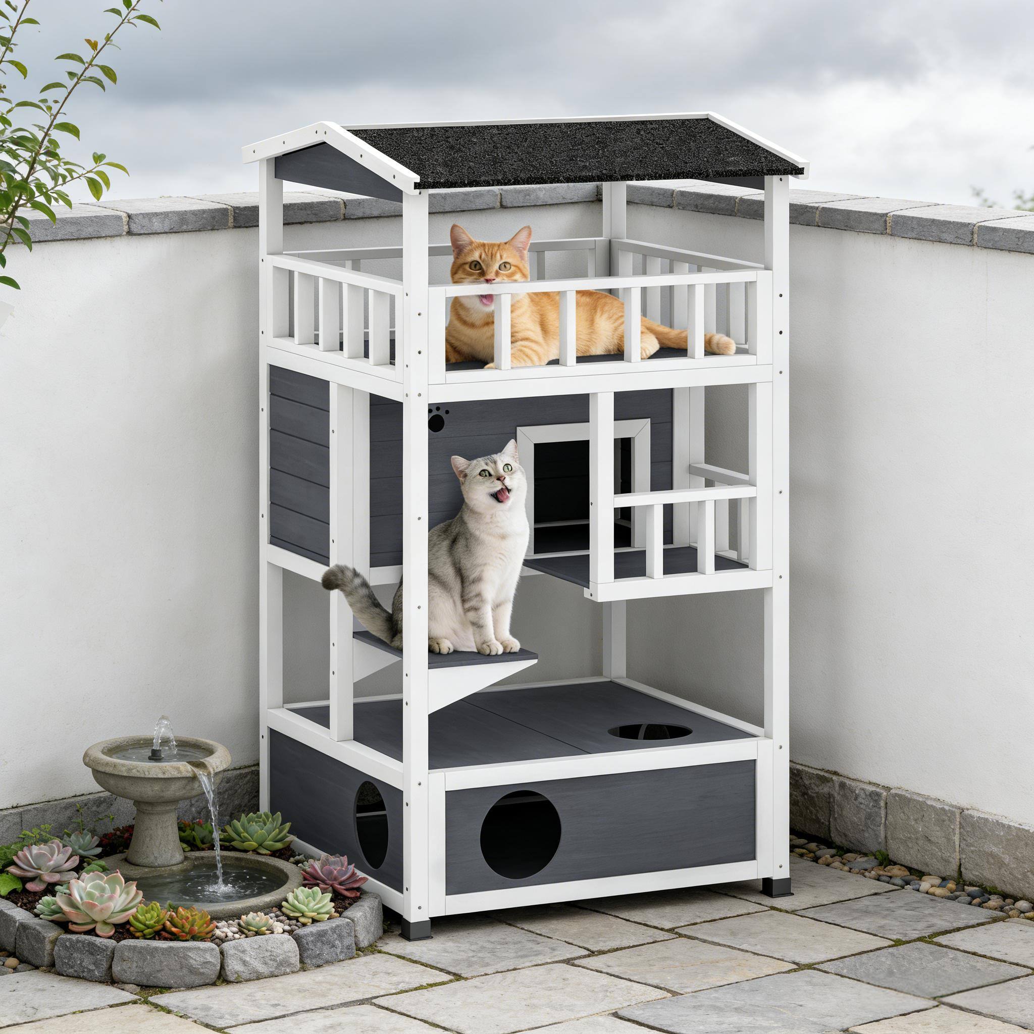 Angle. Siljoy - Outdoor Cat House, Feral Cat Shelter with Asphalt Roof, Escape Doors & Jump Platform, Wooden.
