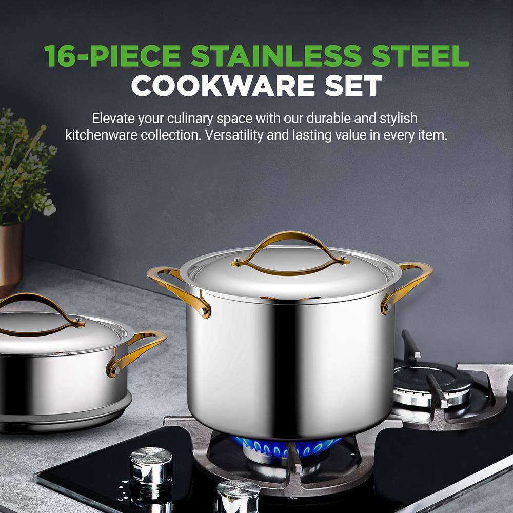 16-PIECE STAINLESS STEEL COOKWARE SET

Elevate your culinary space with our durable and stylish kitchenware collection. Versatility and lasting value in every item.