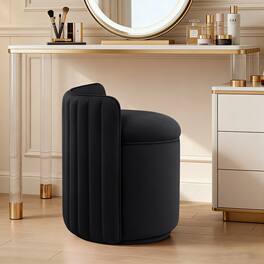 KERDOM - Swivel Vanity Chair with Storage, Removable Seat Cushion, Upholstered Velvet Makeup Chair, Small Barrel Accent Stool - Black