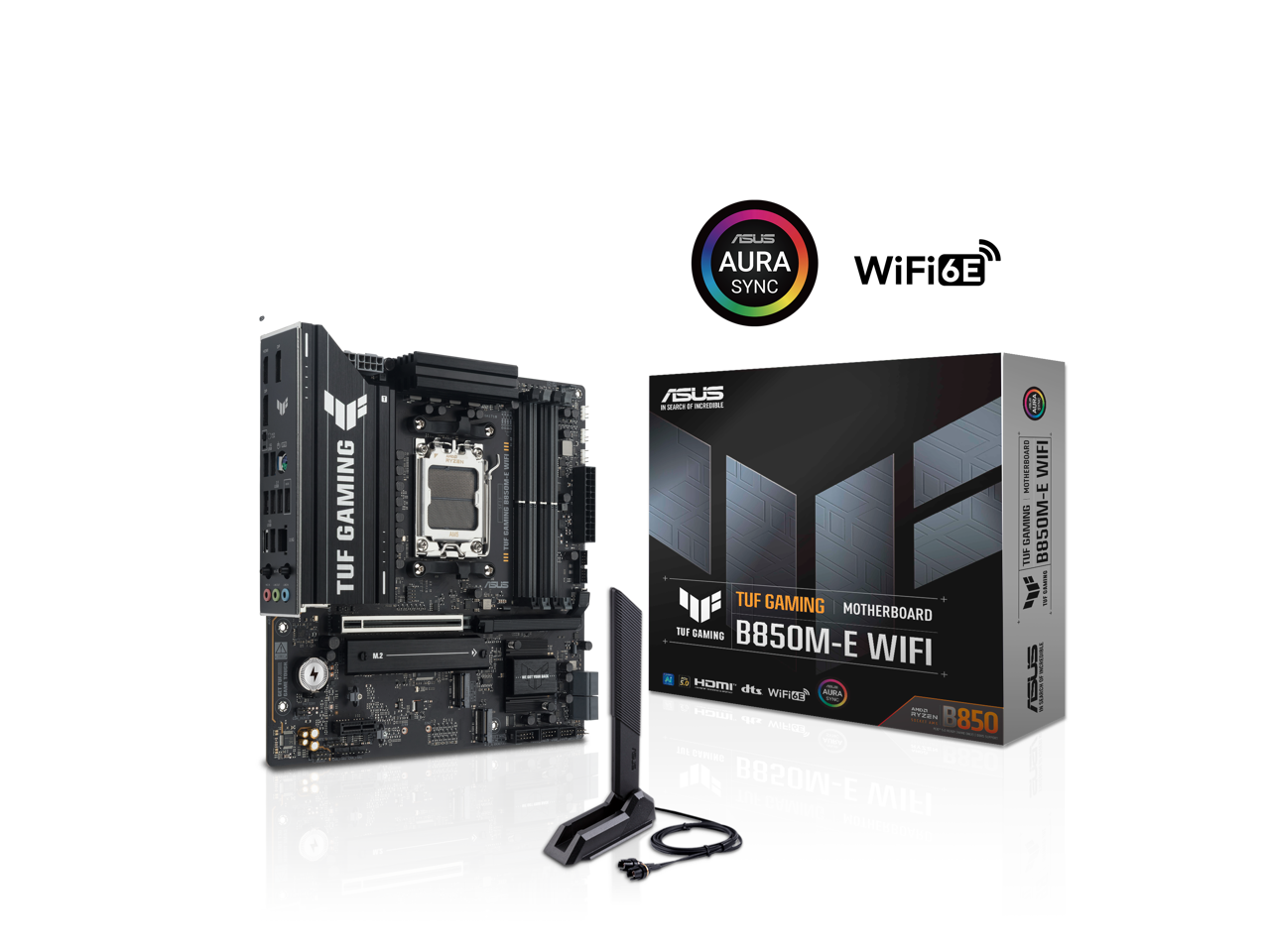 ASUS AURA SYNC WiFi6E 6E 000 O GAMING TUF a e ASUS MA . NCRESBLL HOTHERBOA WIFI 115 GAMING B850M-E a I TUF GAMING I MOTHERBOARD TUE GAMING B850M-E WIFI I HOMI dts WISG AURA - ASUS I HOU P  B850 MIER, - LAA vmMe 0288 B850M-E AUT WIFI DUIMA MOTHERBOARD EN BRO