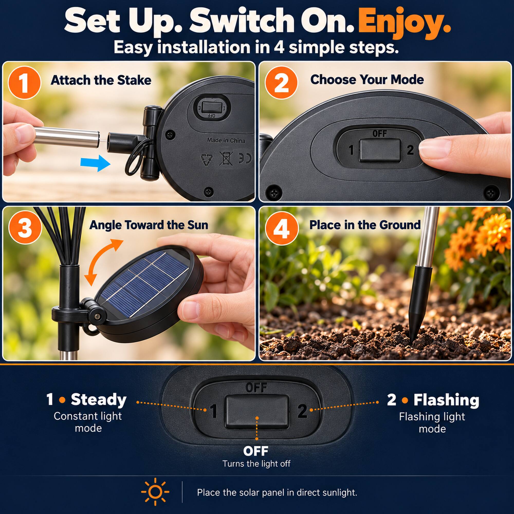 Set Up. Switch On. Enjoy.  
Easy installation in 4 simple steps.

1. Attach the Stake  
2. Choose Your Mode  
   - OFF  
   - 1 Steady Constant light mode  
   - 2 Flashing Flashing light mode  
   - OFF Turns the light off  
3. Angle Toward the Sun  
4. Place in the Ground  

Made in China  

Place the solar panel in direct sunlight.
