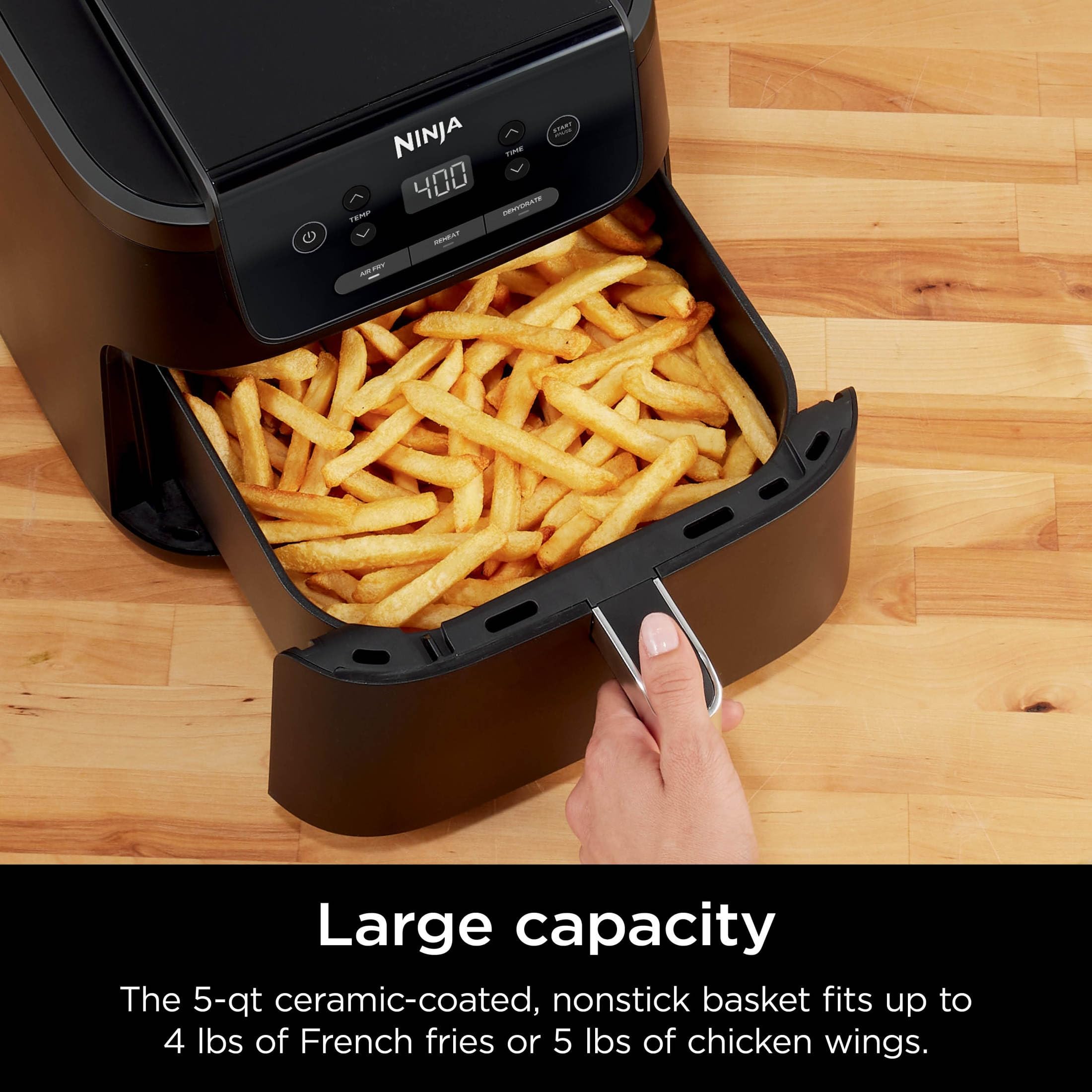 Large capacity

The 5-qt ceramic-coated, nonstick basket fits up to 4 lbs of French fries or 5 lbs of chicken wings.