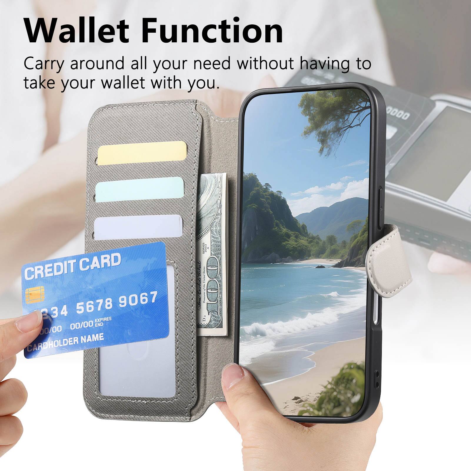 Wallet Function  
Carry around all your need without having to take your wallet with you.  

CREDIT CARD  
1234 5678 9067 234  
EXPIRES 00/00  
END 00/00  
CARDHOLDER NAME