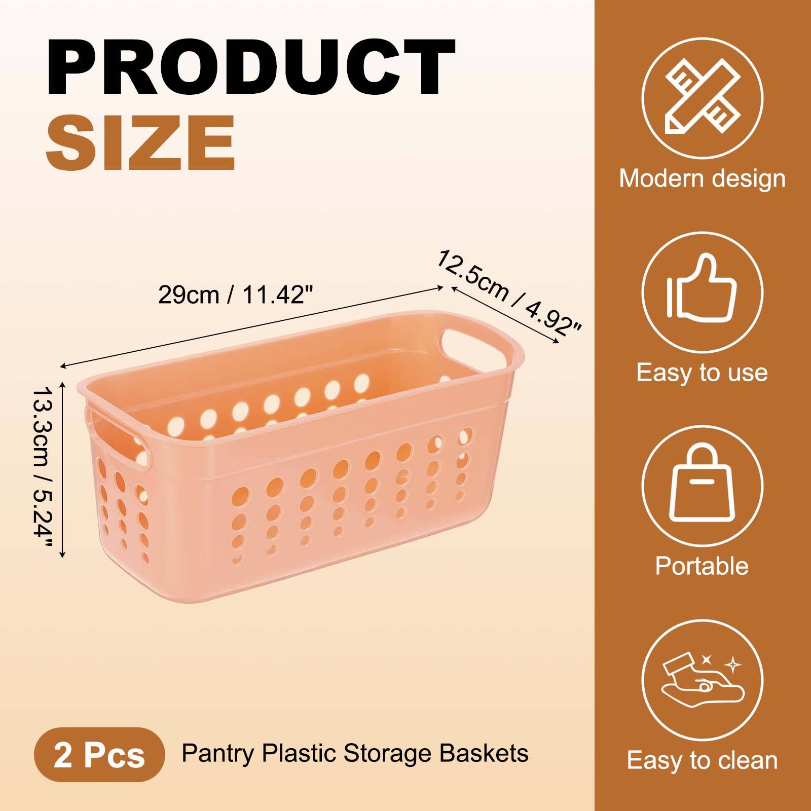 PRODUCT SIZE  
Modern design  
13.3cm / 5.24"  
29cm / 11.42"  
12.5cm / 4.92"  

Easy to use  
Portable  
Easy to clean  

2 Pcs  
Pantry Plastic Storage Baskets
