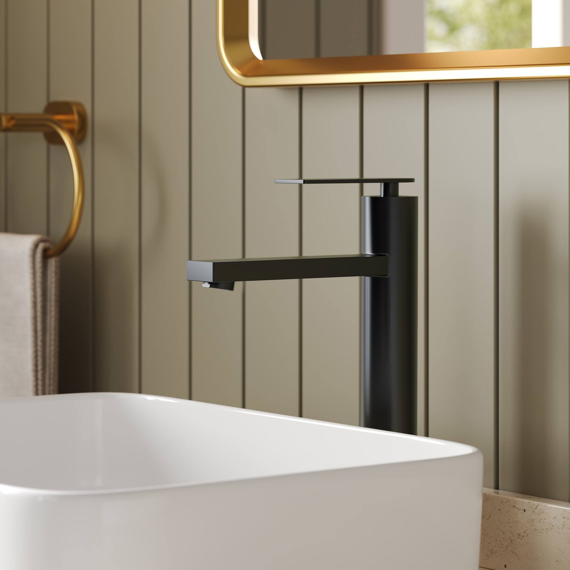 Angle. GRANDJOY - Single Handle Vessel Bathroom Faucet with Pop-Up Drain, 12 in High-Arc Square Spout for Above Counter Sinks - Matte Black.