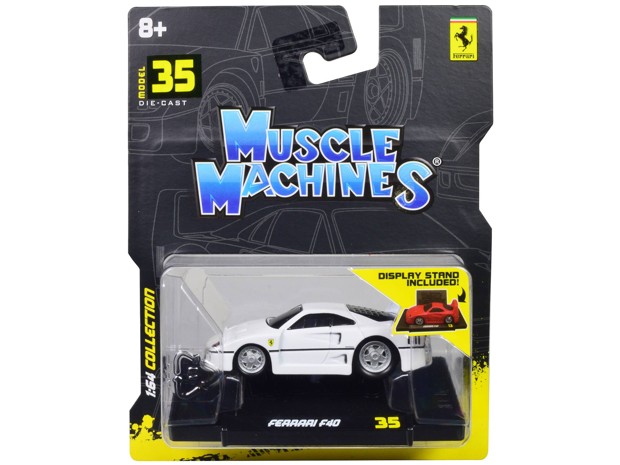 8+  
MODEL 35 DIE-CAST  
MUSCLE MACHINES COLLECTION 1:64  
FERRARI F40  
DISPLAY STAND INCLUDED!