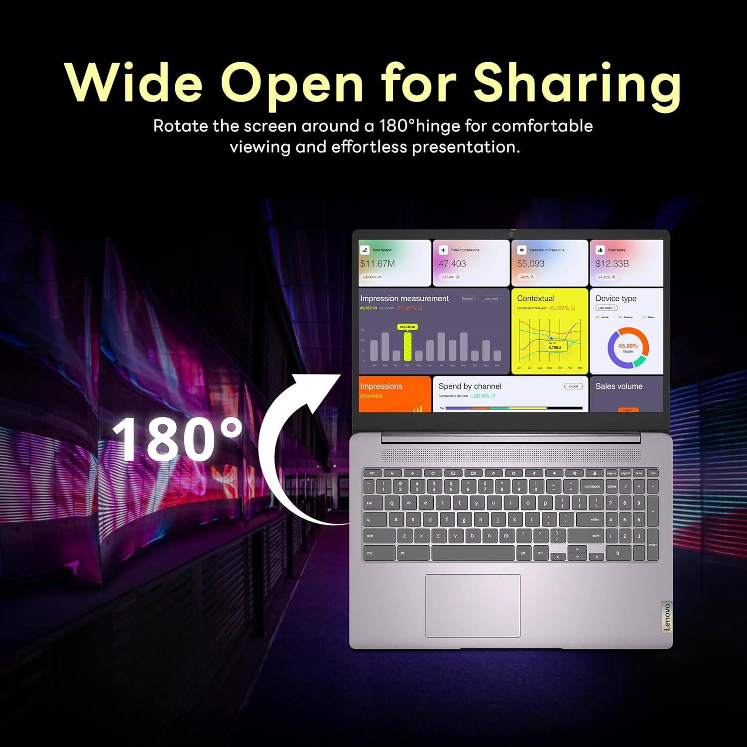 Wide Open for Sharing
Rotate the screen around a 180° hinge for comfortable viewing and effortless presentation.

- - - I - - 11.67M 47 403 55.093 $12.338 - - . Impression measurement aD 04% . Contextual - ... s0% a Device type . 80% 180 Impressions m - . . 4 + c  I d Spend by channel 20.8% 7 e L -- . - - d - . a - - + . . . - . + Sales volume  - - . - 4 - -  - 1 . - + . - i a - . . - 4 - . . I - . - . - . - . . i . a - - n n d - d a - - - - 4 . Lenovo