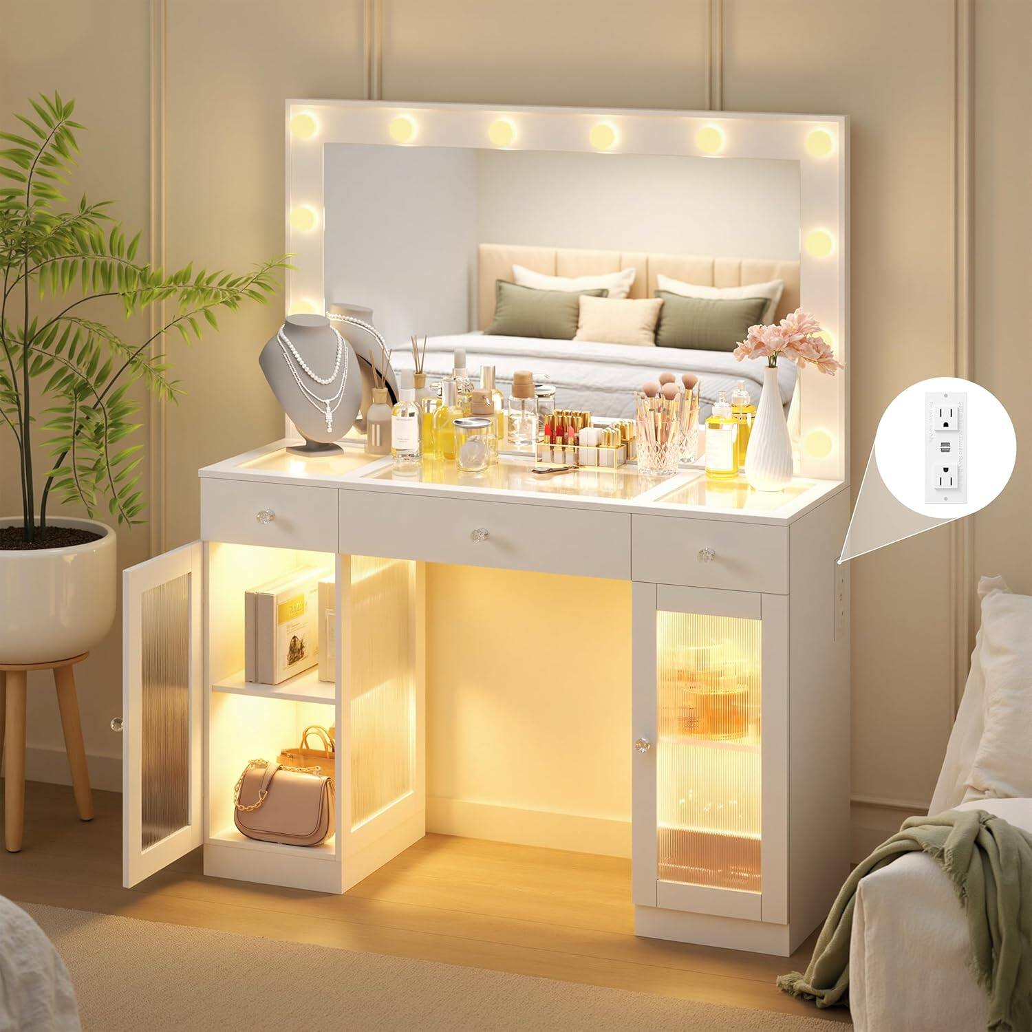 Front. DIYSET - DIYSET 43" Vanity Desk with 36.9" Lighted Mirror, Glass Top Makeup Vanity for Bedroom, Built-In Charging Station - White.