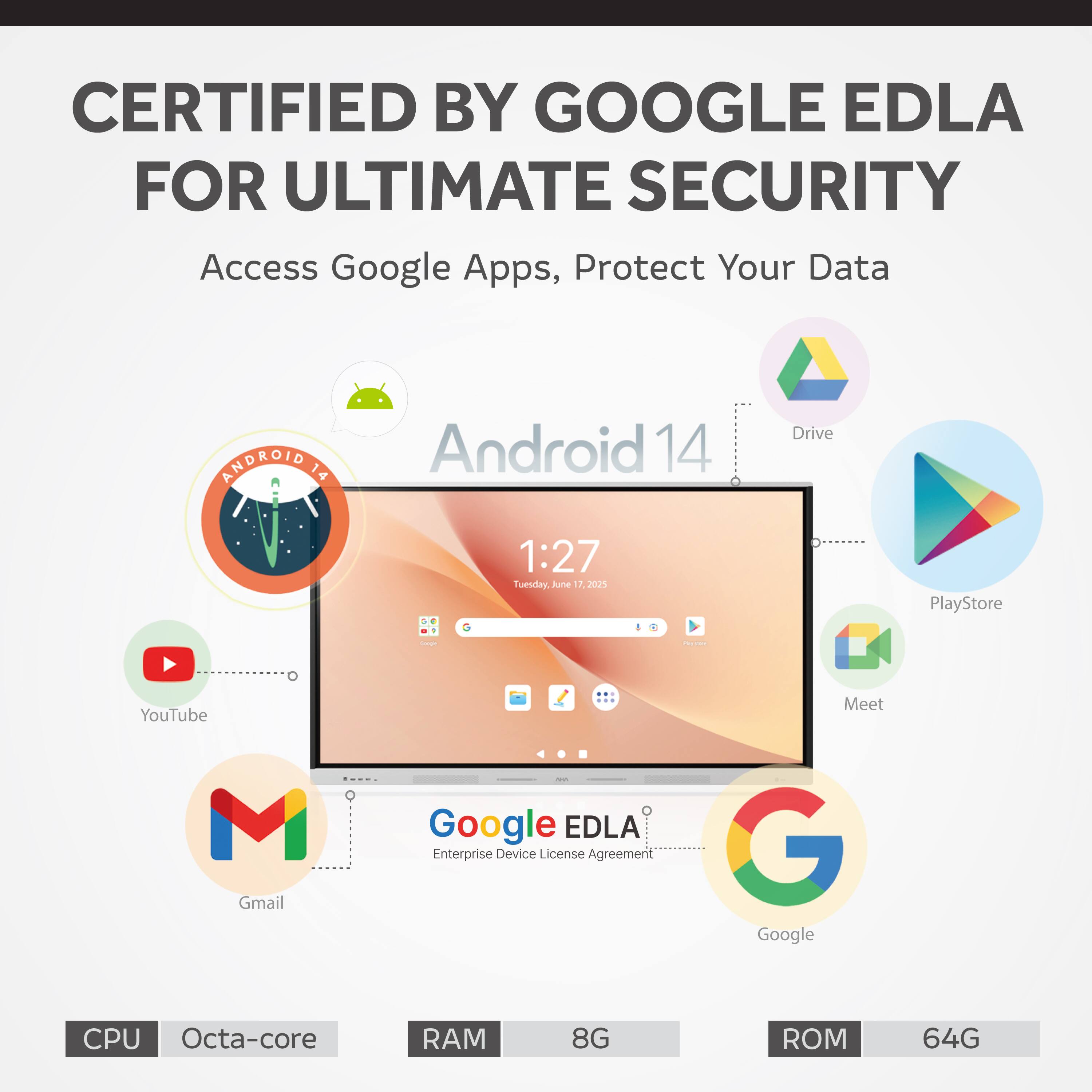 CERTIFIED BY GOOGLE EDLA FOR ULTIMATE SECURITY  
Access Google Apps, Protect Your Data  

Android 14  
1:27  
Tuesday, June 17, 2025  

Google EDLA  
Enterprise Device License Agreement  

CPU Octa-core  
RAM 8G  
ROM 64G  

YouTube  
Gmail  
Drive  
PlayStore  
Meet  
Google