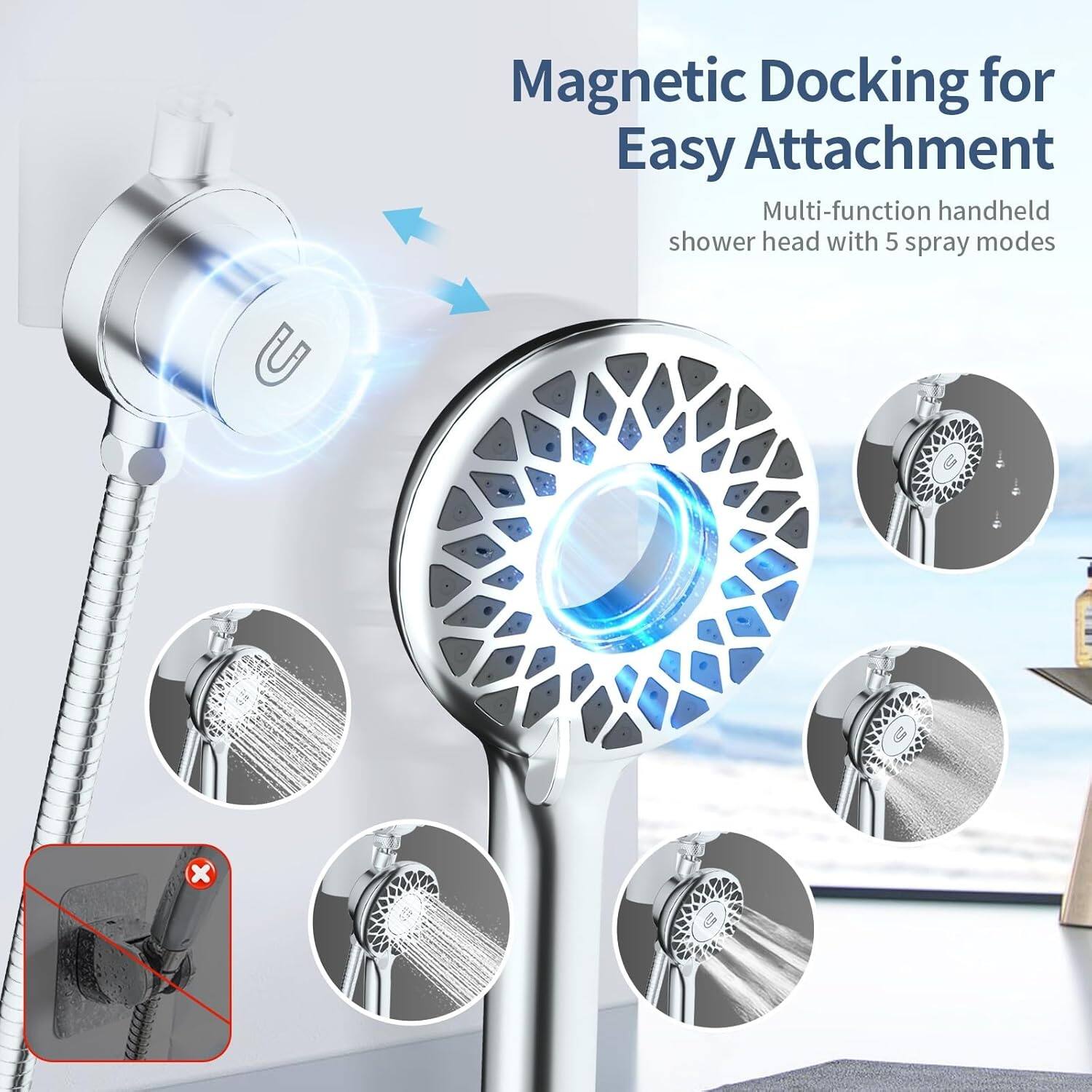 Magnetic Docking for Easy Attachment

Multi-function handheld shower head with 5 spray modes
