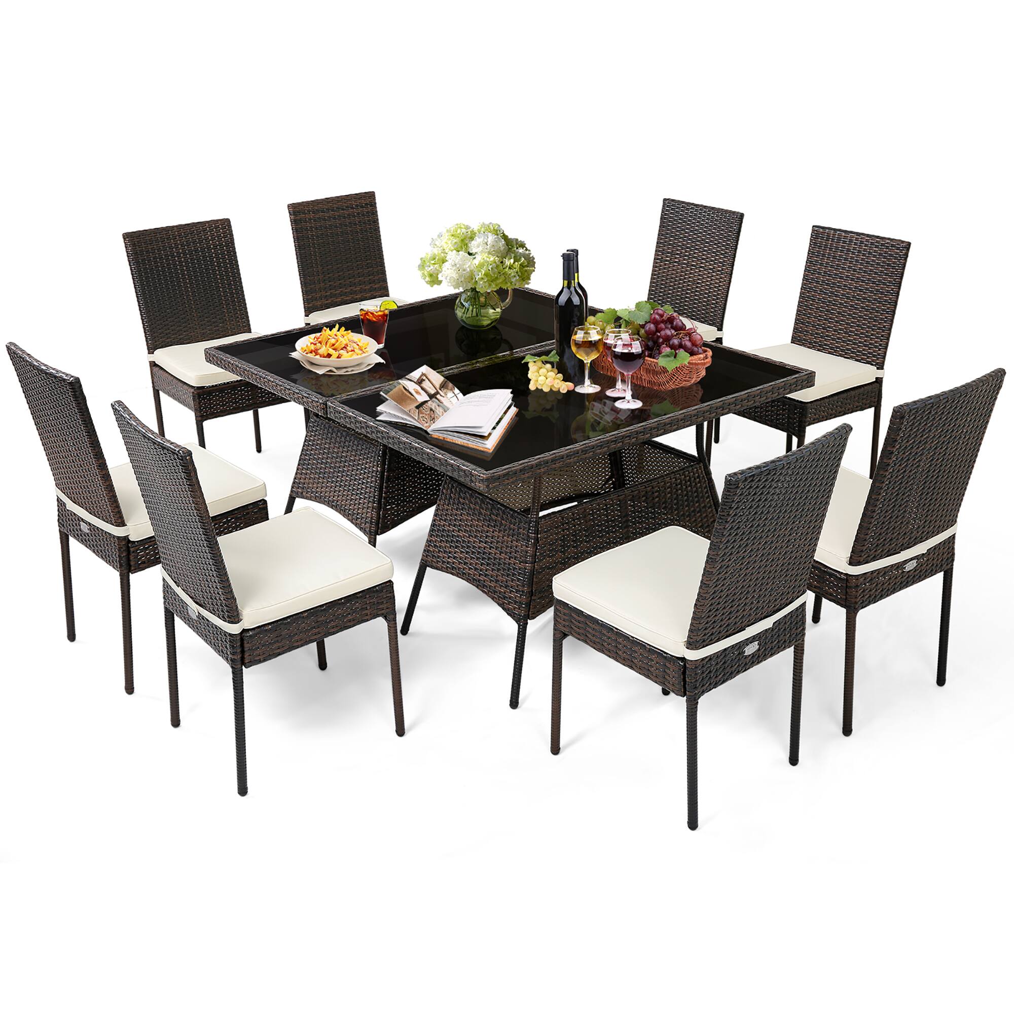 Costway - 10 PCS Patio Rattan Dining Set Glass Table High Back Chair Garden Deck - Mix Brown