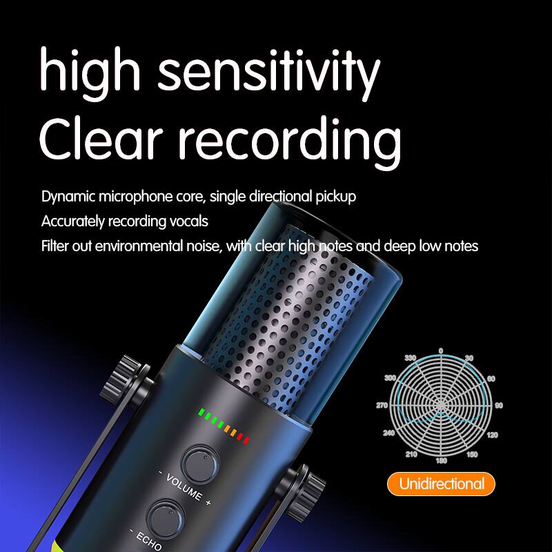 high sensitivity  
Clear recording  

Dynamic microphone core, single directional pickup  
Accurately recording vocals  
Filter out environmental noise, with clear high notes and deep low notes  

VOLUME  
ECHO  

Unidirectional