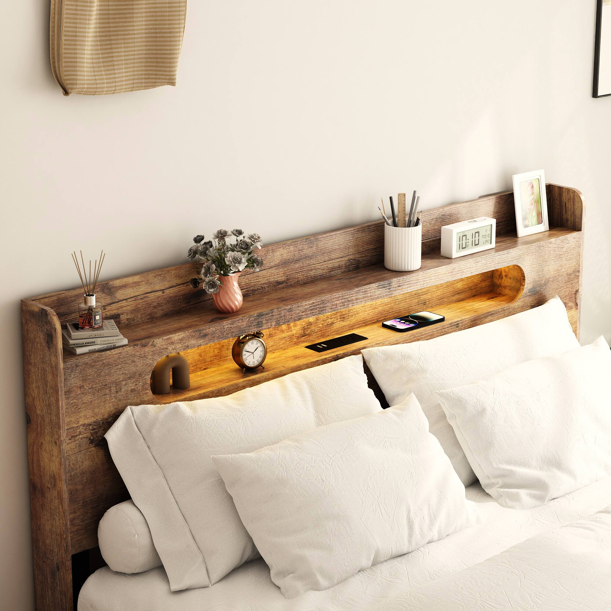 Left. Anysun - King Size Wood Platform Bed Frame with Storage, LED Light Headboard, 2 USB, Noise-Free, No Box Spring, Easy Assembly - Brown.