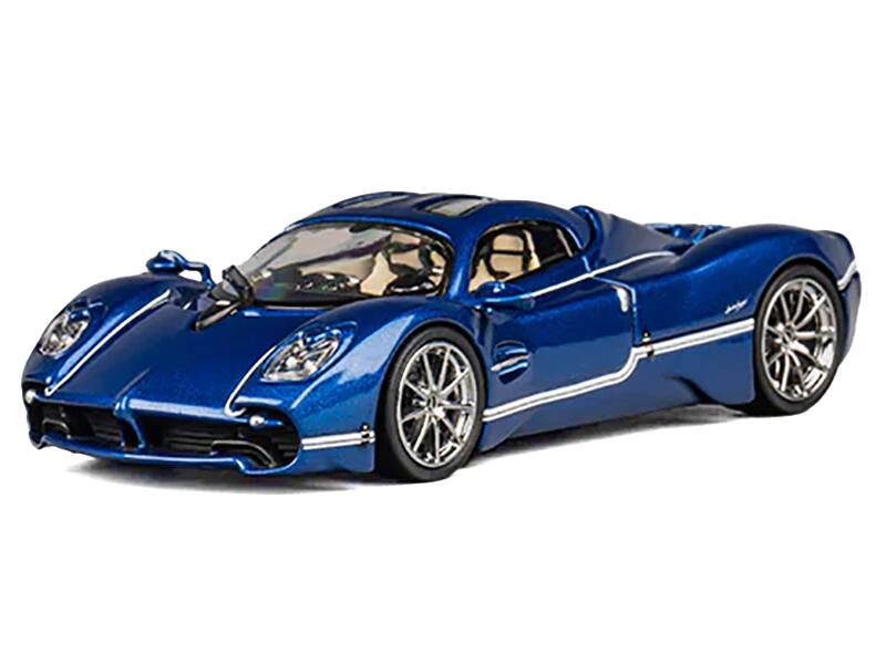 Angle. CM Models - Pagani Utopia Blue Metallic with White Stripes 1/64 Diecast Model Car by CM Model - Blue Metallic and White.