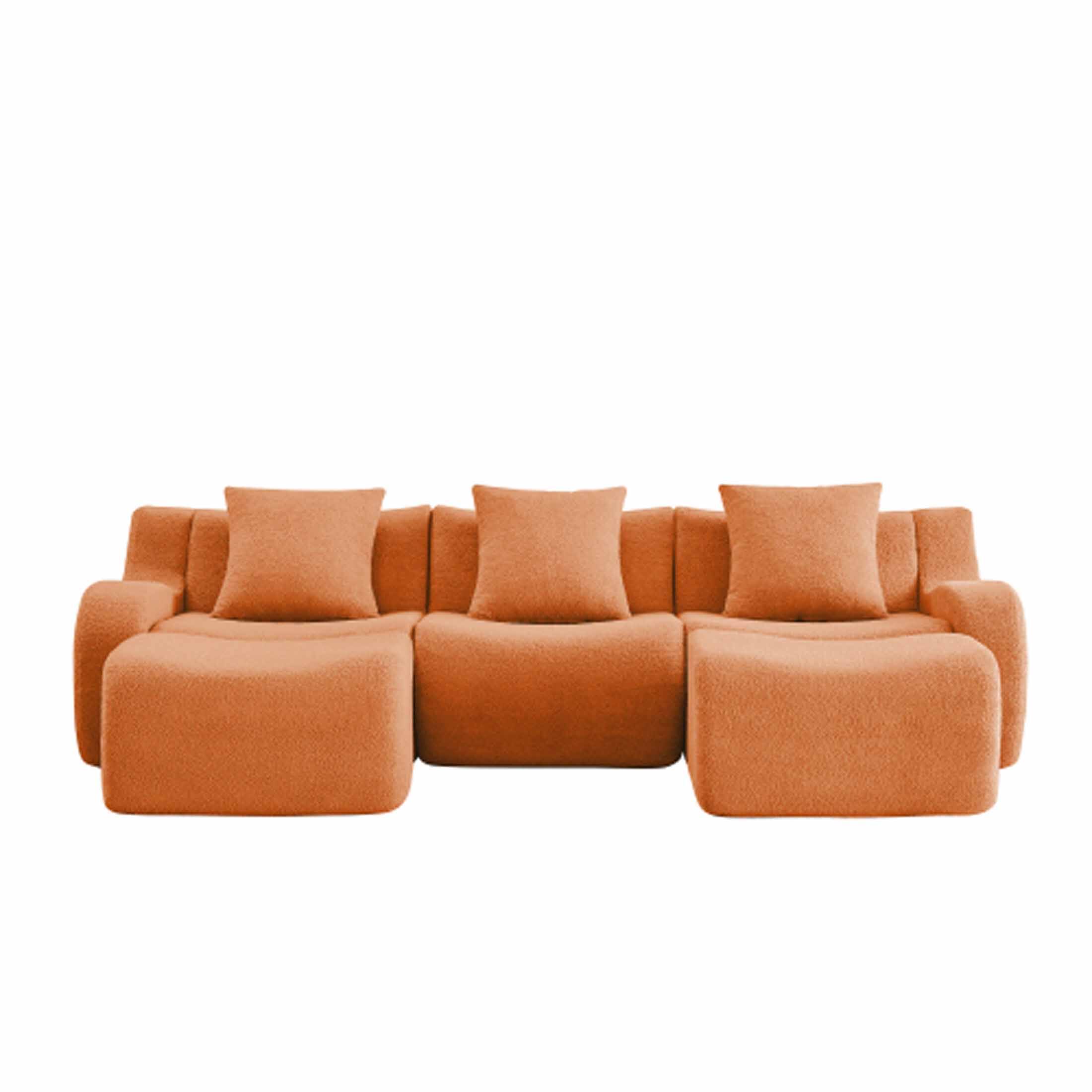 Back. Aukfa - Modular Teddy Fabric Sofa - 3-Seat Sectional with 2 Ottomans, Soft Boneless Design for Living Room - Orange.