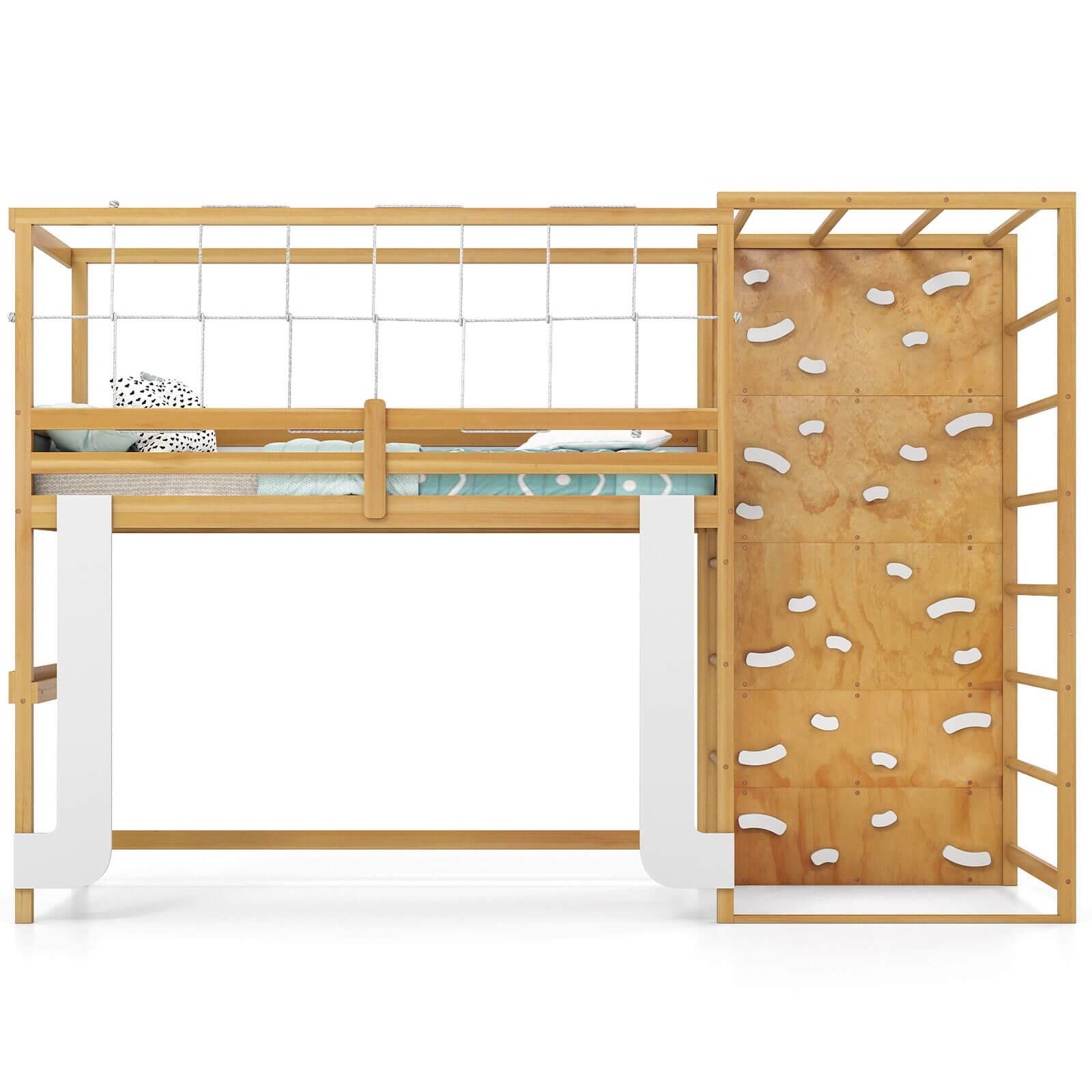 Costway - Twin Bunk Bed with Jungle Gym, Climbing Ladder, Rock Wall & Monkey Bar - Natural,White