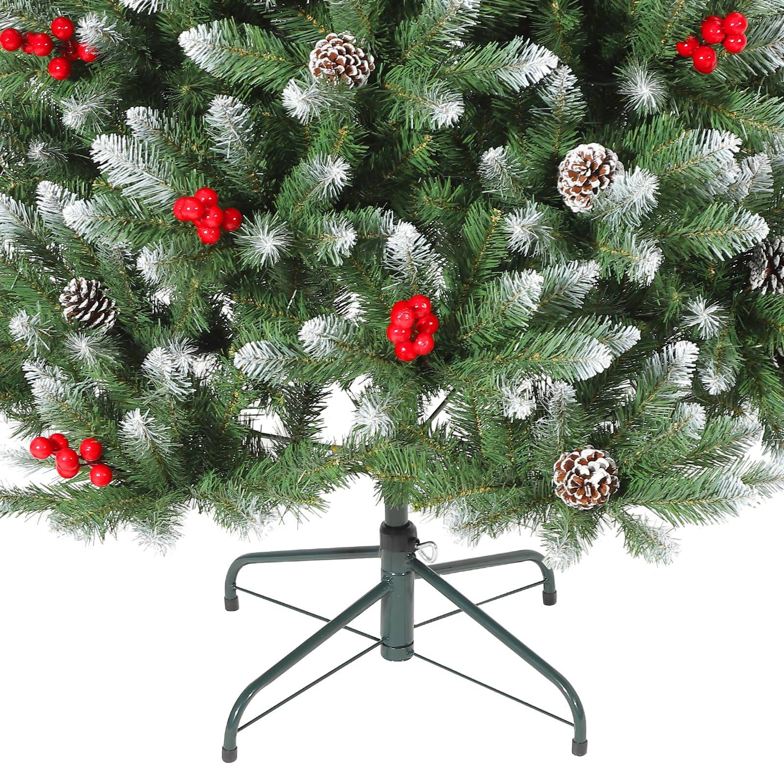 Alt View 2. Jojoka - 7FT Snow Flocked Artificial Christmas Tree with Pine Cones & Berries, Easy Setup & Metal Base - 7 Ft Green.