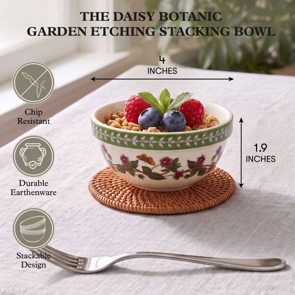 THE DAISY BOTANIC GARDEN ETCHING STACKING BOWL

4 INCHES

Chip Resistant

1.9 INCHES

Durable Earthenware

Stackable Design