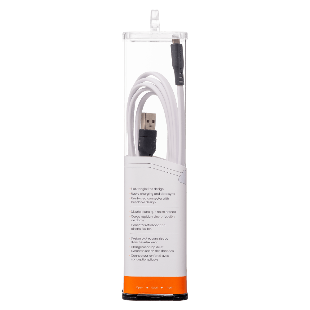 - Flat, tangle free design
- Rapid charging and data sync
- Reinforced connector with bendable design

- Diseño plano que no se enreda
- Carga rápida / sincronización de datos
- Conector reforzado con diseño flexible

- Design plot et sans risque d'enchevetrement
- Chargement rapide et synchronisation des données
- Connecteur renforcé avec conception pliable

- Open
- Ouvrir
- Abrir