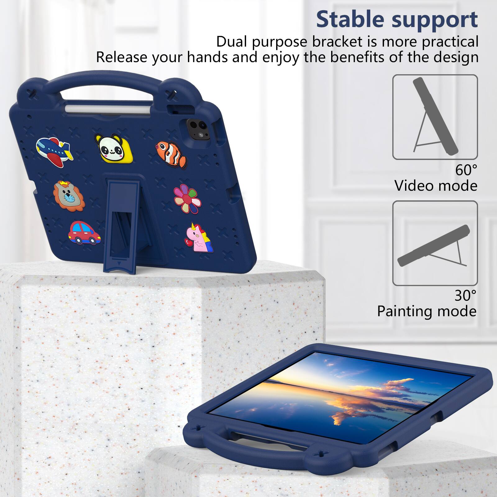 Stable support  
Dual purpose bracket is more practical  
Release your hands and enjoy the benefits of the design  

60° Video mode  
30° Painting mode