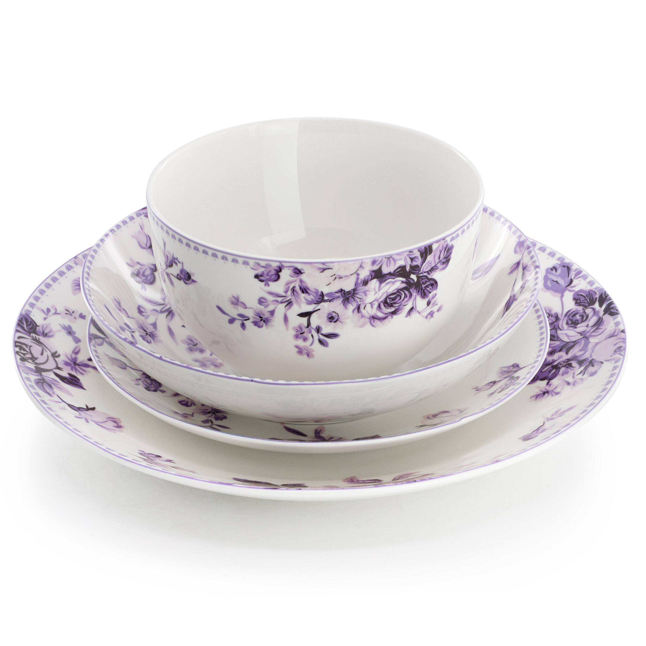 Left. Elama - Elama Traditional Purple Rose 24 Piece Porcelain Double Bowl Dinnerware Set - Purple.