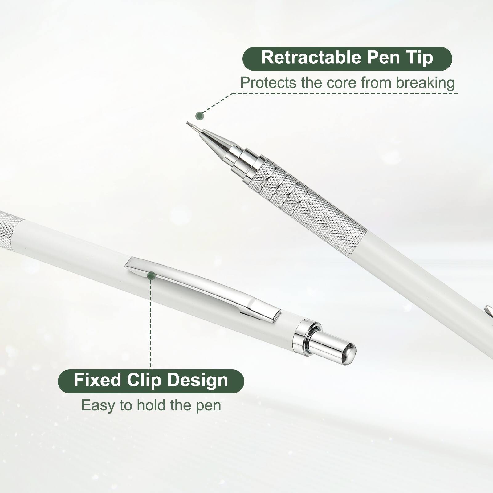 Retractable Pen Tip  
Protects the core from breaking  

Fixed Clip Design  
Easy to hold the pen