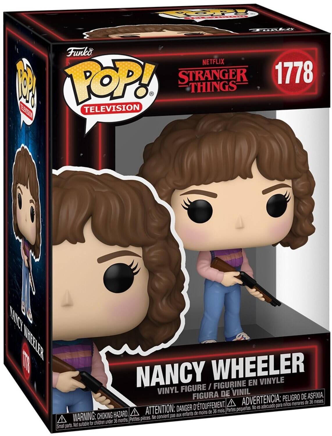 Sure, here is the corrected and grouped text from the image:

---

**Funko POP! TELEVISION**

**NETFLIX STRANGER THINGS**

**1778**

**NANCY WHEELER**

**VINYL FIGURE / FIGURINE EN VINYLE / FIGURA DE VINIL**

**WARNING: CHOKING HAZARD. Small parts. Not suitable for children under 36 months.**

**ATTENTION: DANGER D'ÉTOUFFEMENT. Petites pièces. Ne convient pas aux enfants de moins de 36 mois.**

**ADVERTENCIA: PELIGRO DE ASFIXIA. Partes pequeñas. No es adecuado para niños menores de 36 meses.**

---

This text is from the packaging of a Funko Pop! vinyl figure of Nancy Wheeler from "Stranger Things."