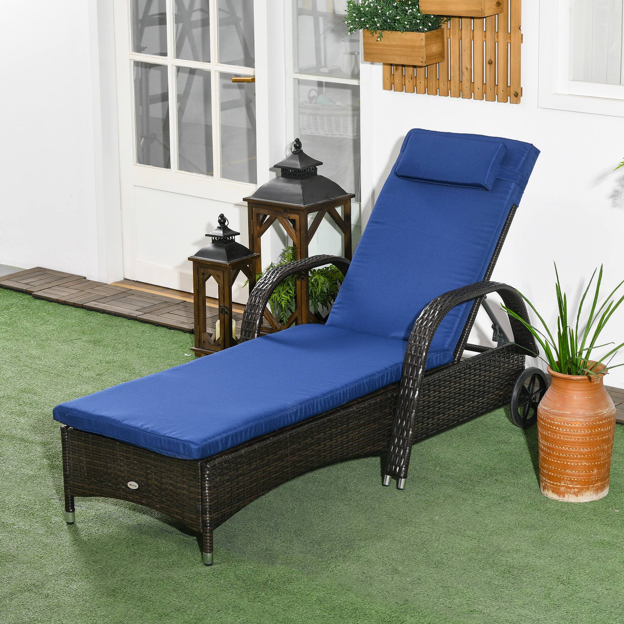 Alt View 1. Outsunny - Chaise Lounge Chair, Rolling Outdoor Chair with Cushion, Pillow, Headrest, Armrests - Brown, Dark Blue.