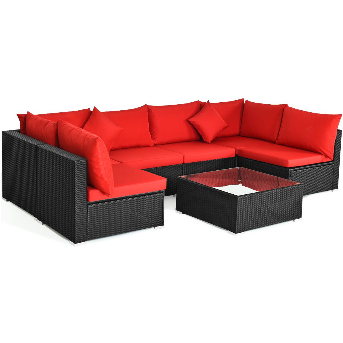 Alt View 1. Gymax - Gymax 7PCS Rattan Patio Conversation Set Sectional Furniture Set w/ Red Cushion - Red.