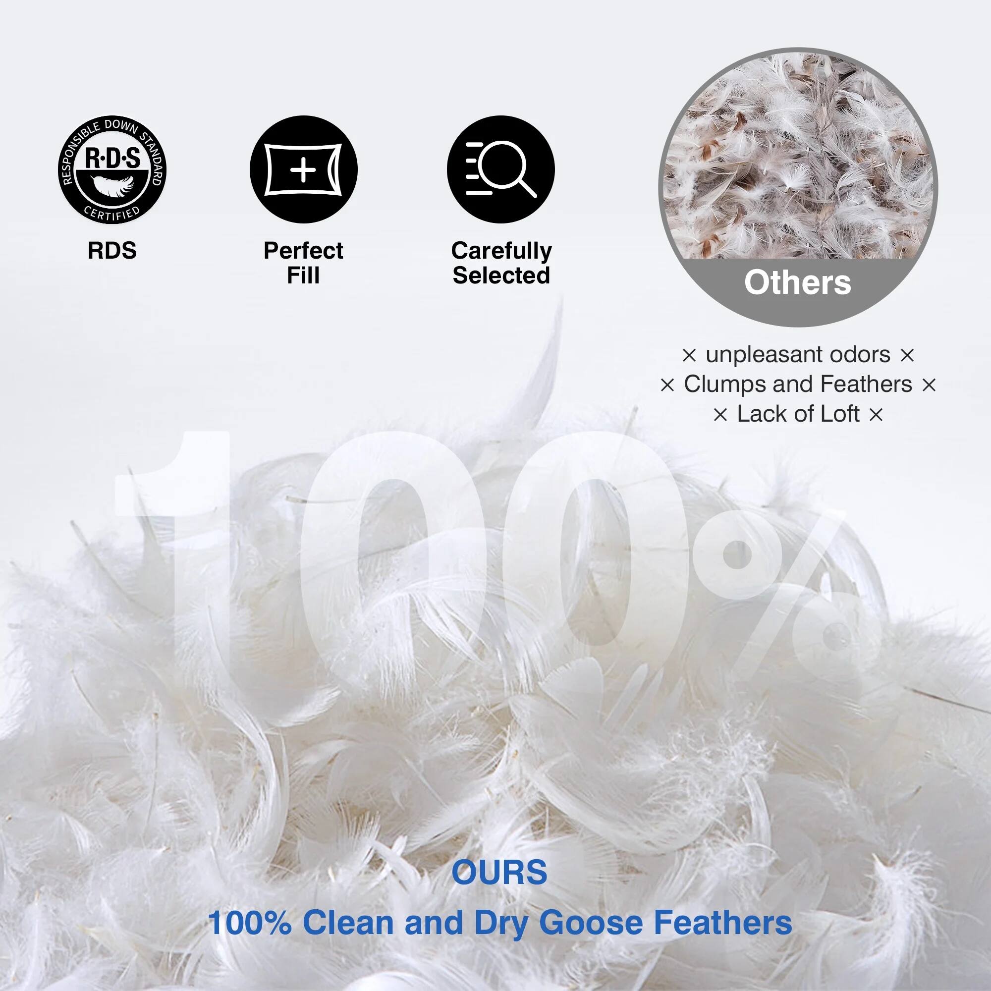 DOWN RESPONSIBLE R-D.S STANDARD + CERTIFIED RDS  
Perfect Carefully Fill Selected  
Others  
X unpleasant odors  
X Clumps and Feathers  
X Lack of Loft  
100% OURS  
100% Clean and Dry Goose Feathers
