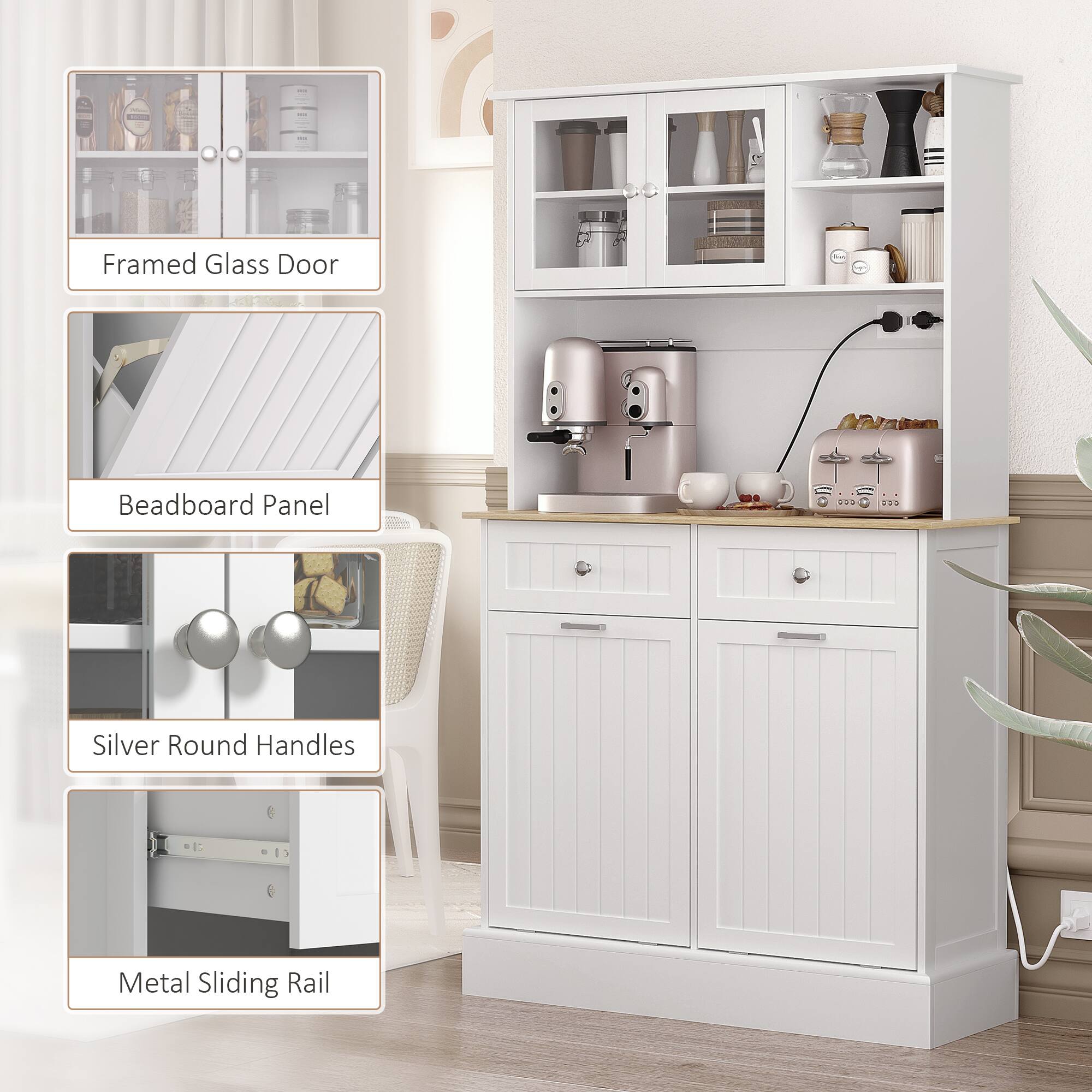 Framed Glass Door, Beadboard Panel, Silver Round Handles, Metal Sliding Rail