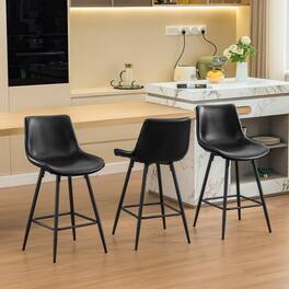 KERDOM - 24/28'' H Bar Stools Set of 3, Waterproof PU Leather Armless Kitchen Island High Chair Counter Stool, Rubber Foot Pad - Black - 24‘’ Height