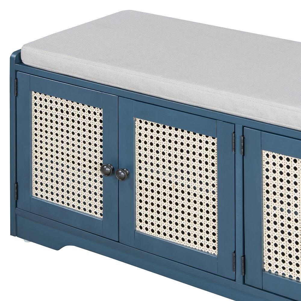 Alt View 4. Ropilly - Ropilly Rustic Wood Entryway Storage Bench with Cushion and Rattan Doors Antique Navy Shoe Bench for Hallway Living Room - Antique Navy.
