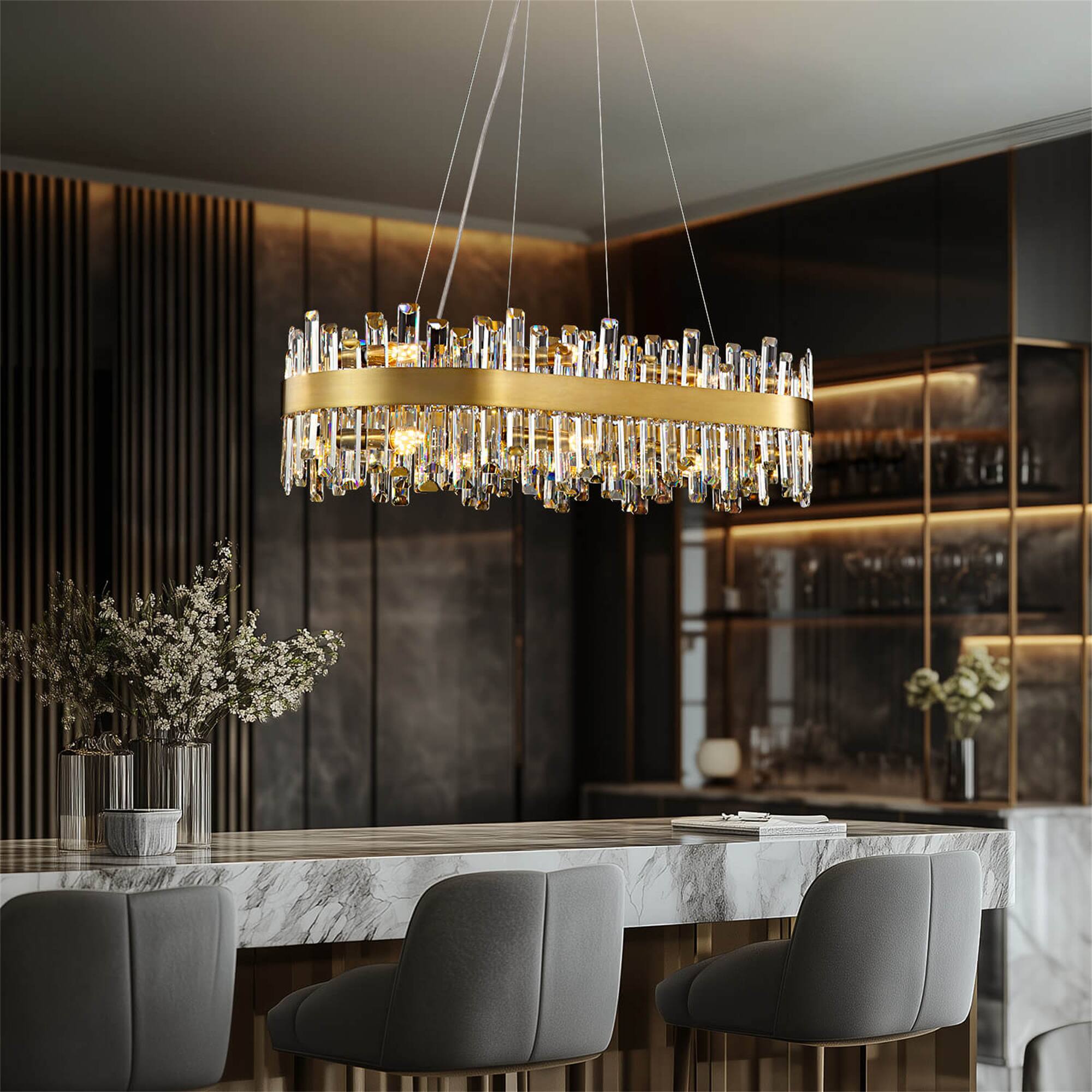Alt View 1. Siljoy - Siljoy 20-Light Brushed Gold Rectangle Chandelier, 52in K9 Crystal Raindrop E12 Pendant for Dining/Living/Kitchen - Gold.
