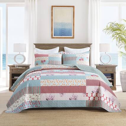 Front. MarCielo - Marcielo 3 Pcs Printed Quilt Set Floral Patchwork Pattern Bedspread Set - Blue.