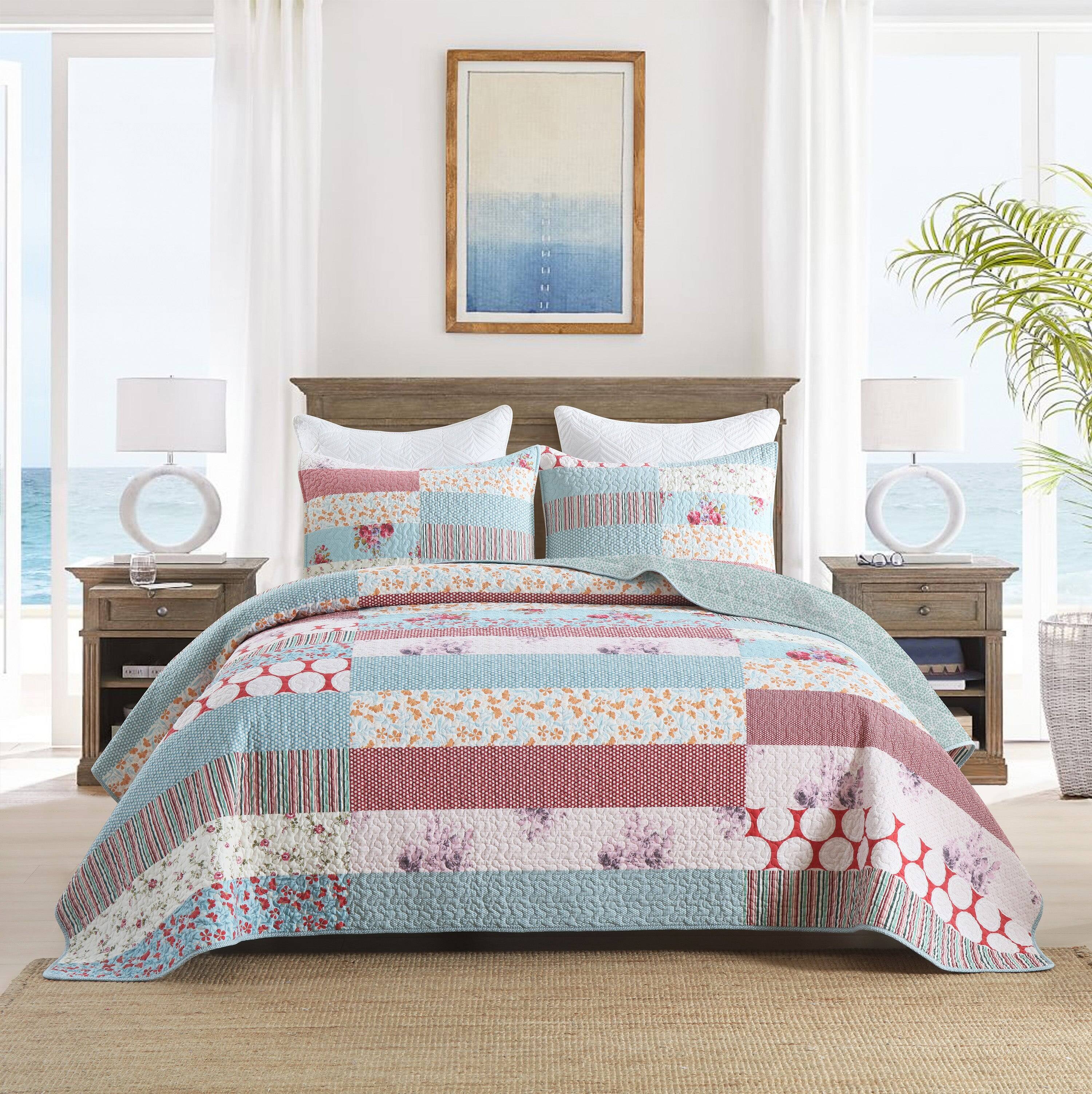 Front. MarCielo - Marcielo 3 Pcs Printed Quilt Set Floral Patchwork Pattern Bedspread Set - Blue.