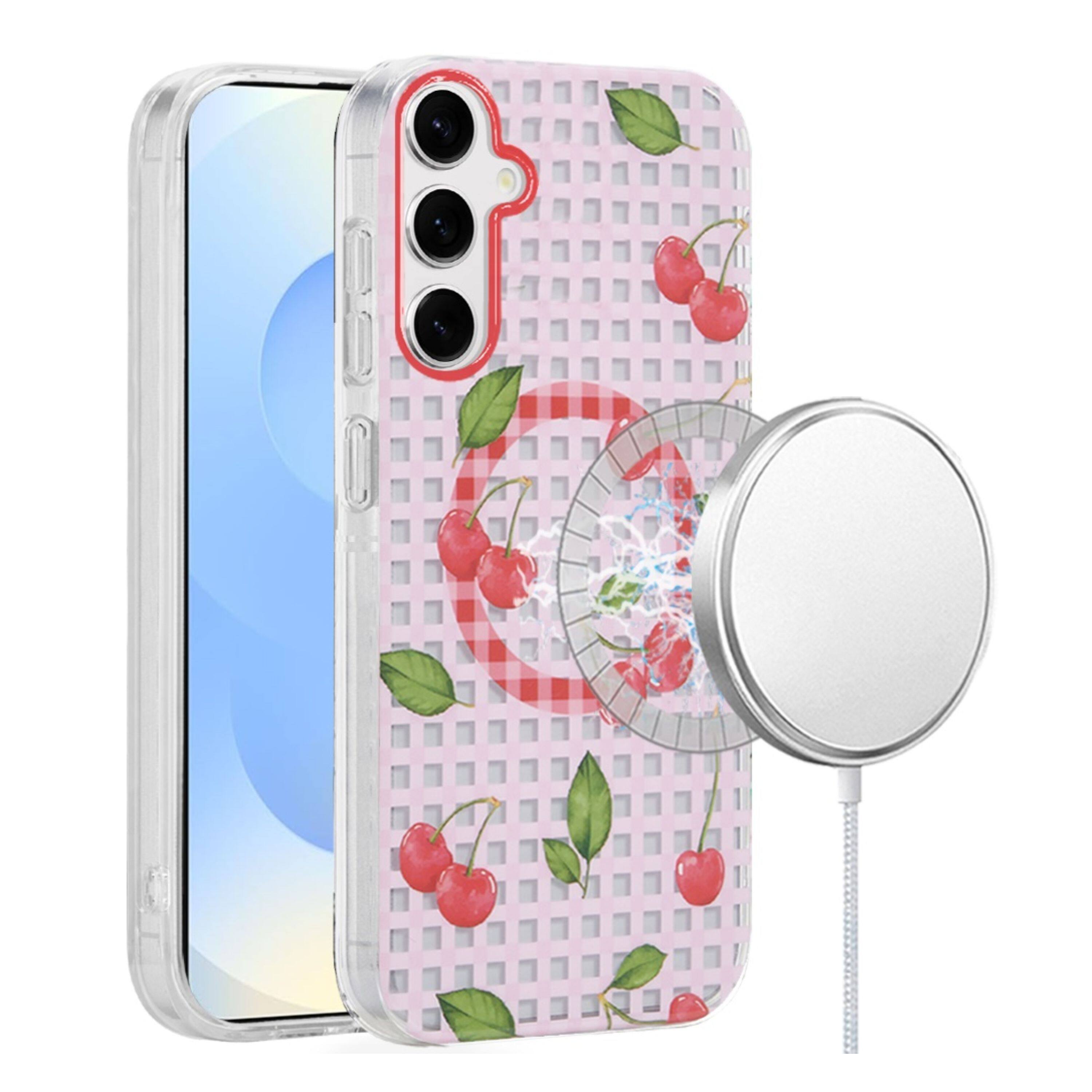 Angle. Kitcheniva - Dual Layer TPU Design Case With Magnetic Circle Tempered Glass For Samsung Galaxy S25+/S24+ Cherry - Multicolor.
