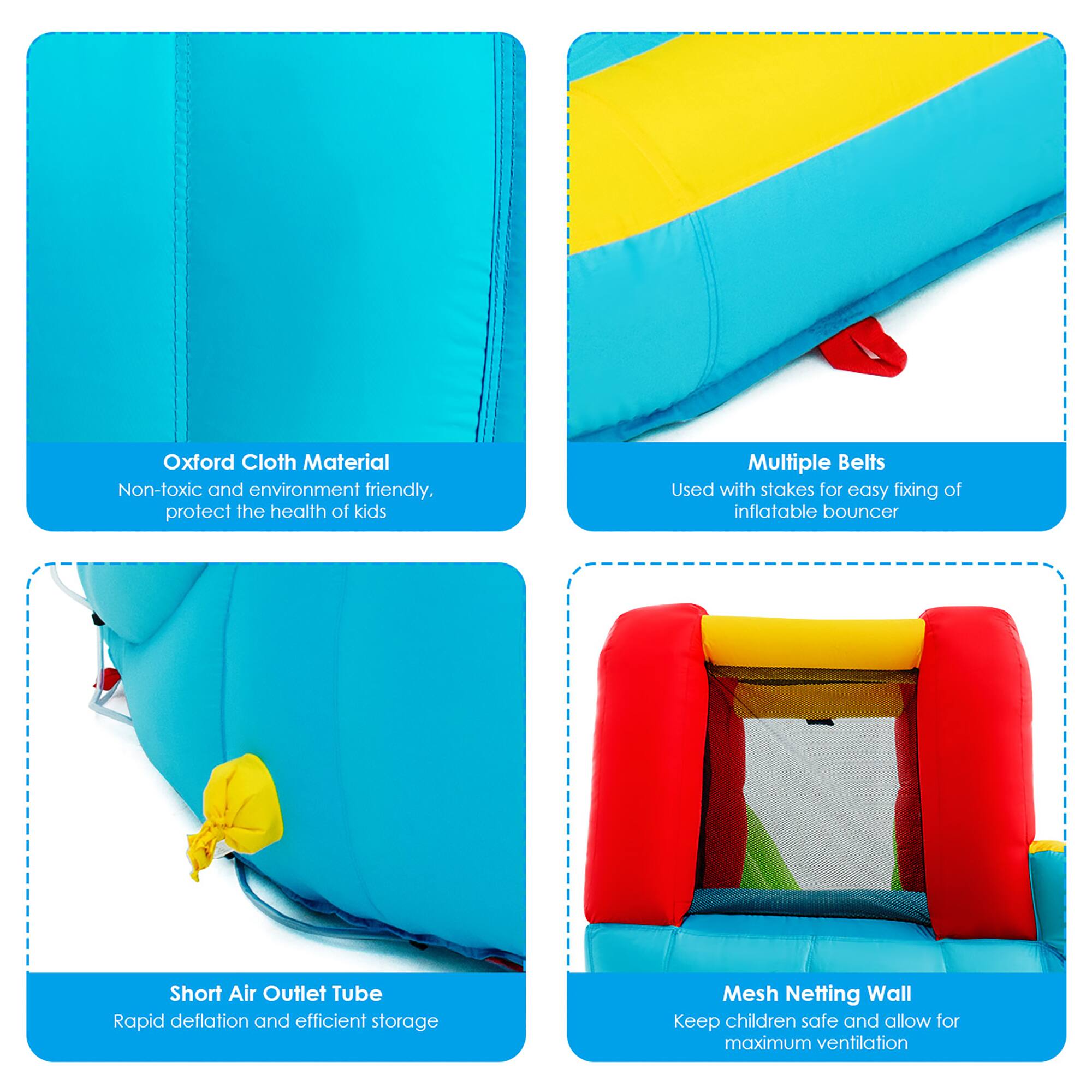 The image features a blue inflatable bouncer with a yellow handle. It is described as having a mesh netting wall, which is designed to keep children safe while allowing for maximum ventilation. The bouncer is made of Oxford cloth material, which is non-toxic and environmentally friendly, ensuring the health and safety of kids. Additionally, the bouncer is equipped with multiple belts that can be used with stakes for easy fixing. The bouncer also has a short air outlet tube, which allows for rapid deflation and efficient storage.