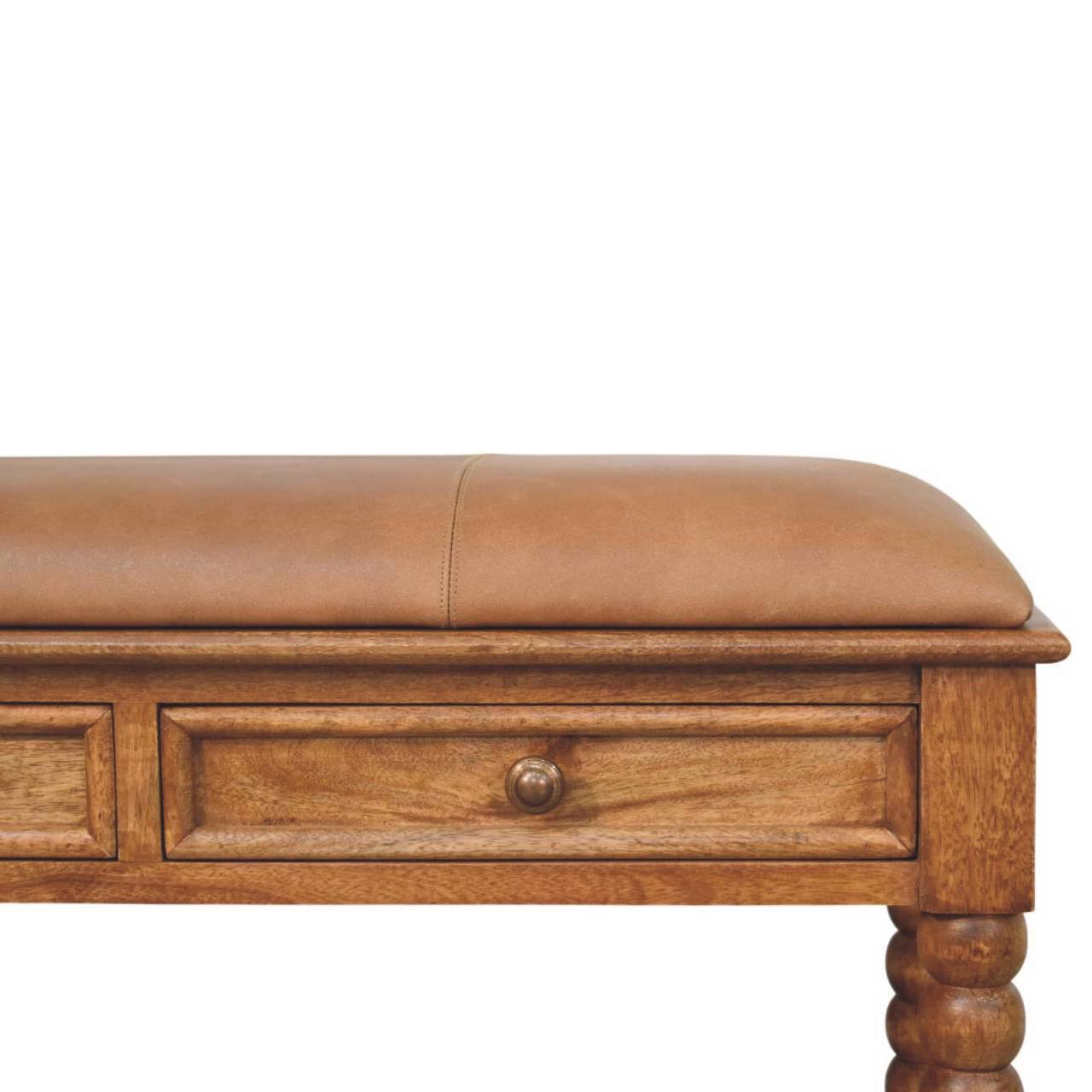 Back. Artisan Furniture - Artisan Furniture Solid Wood Leather Spindle Bench, Brown, 2 Drawer - Brown.