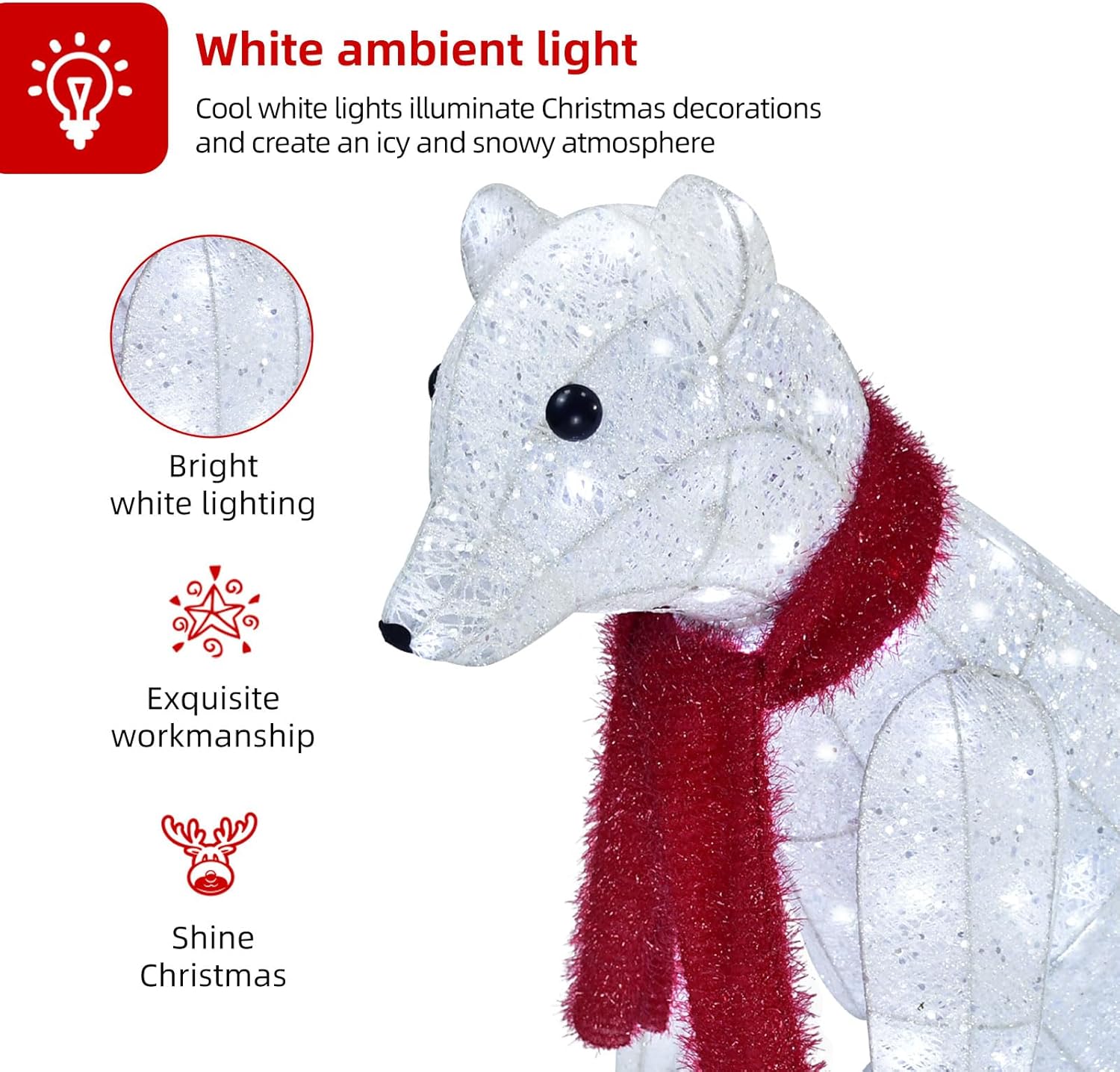 White ambient light  
Cool white lights illuminate Christmas decorations and create an icy and snowy atmosphere  

Bright white lighting  

Exquisite workmanship  

Shine Christmas